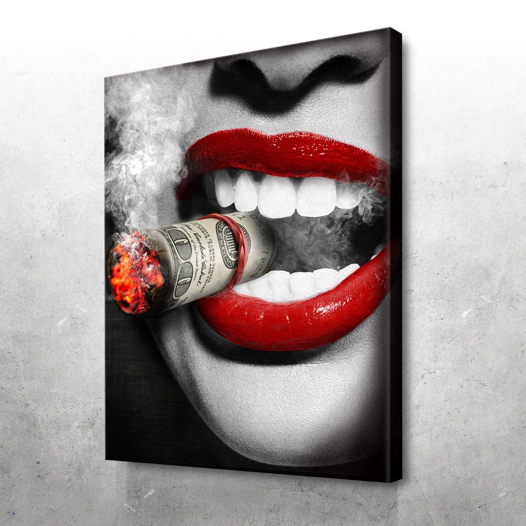 Sexy Red Lips Lady Smoking Dollar Cash Cigar Art Print - Black & White Canvas Wall Decor for Men, Bedroom, Bathroom & Bar - Modern Wood Framed Ready to Hang 28x40 Inches - Perfect for Home, Office & Man Cave Decor