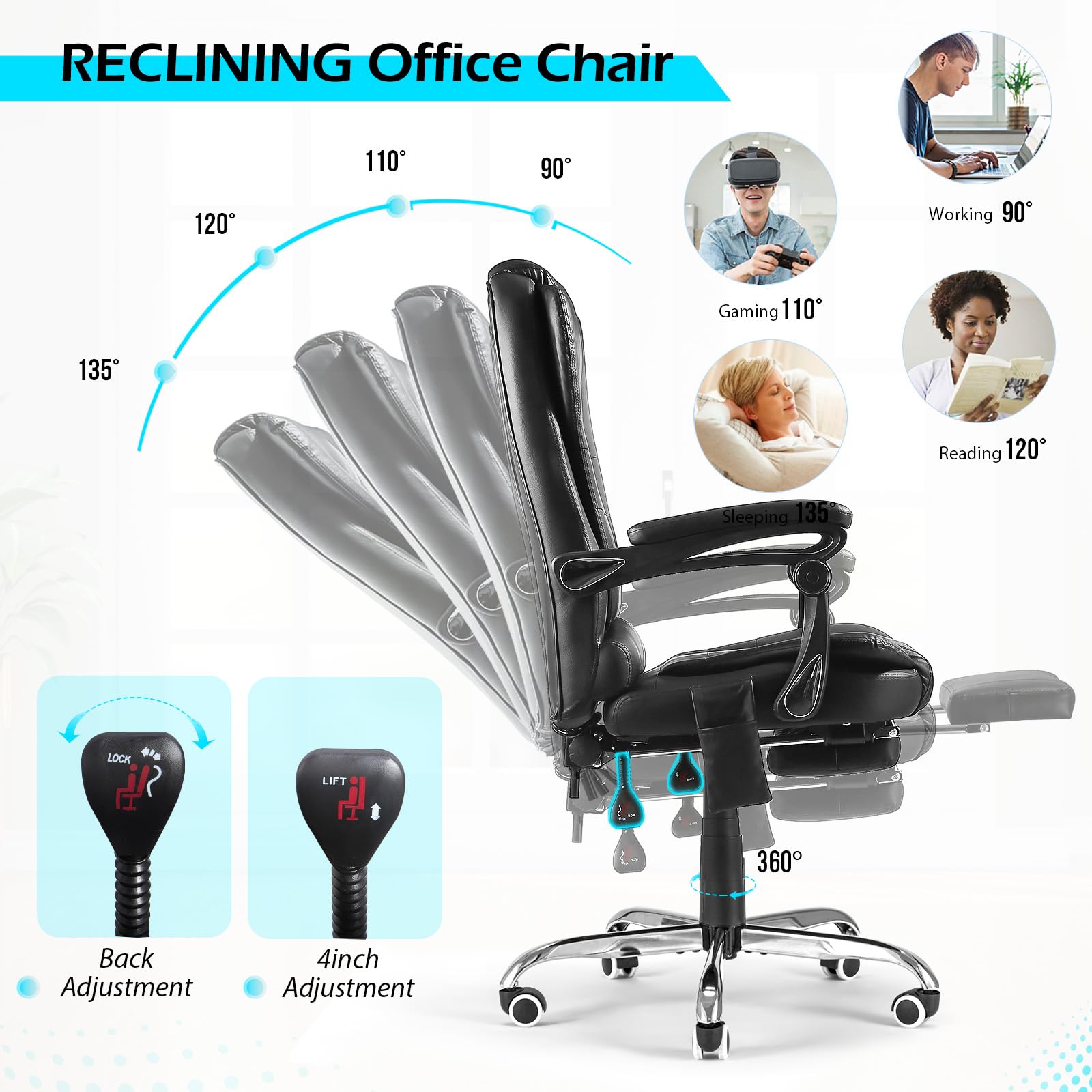 Ergonomic Heated Massage Office Chair with 7-Point Vibration, Adjustable Height & Footrest - Black Leather Computer Desk Chair for Home Office with Lumbar Support - Perfect for Long Work Sessions, Gaming & Relaxation