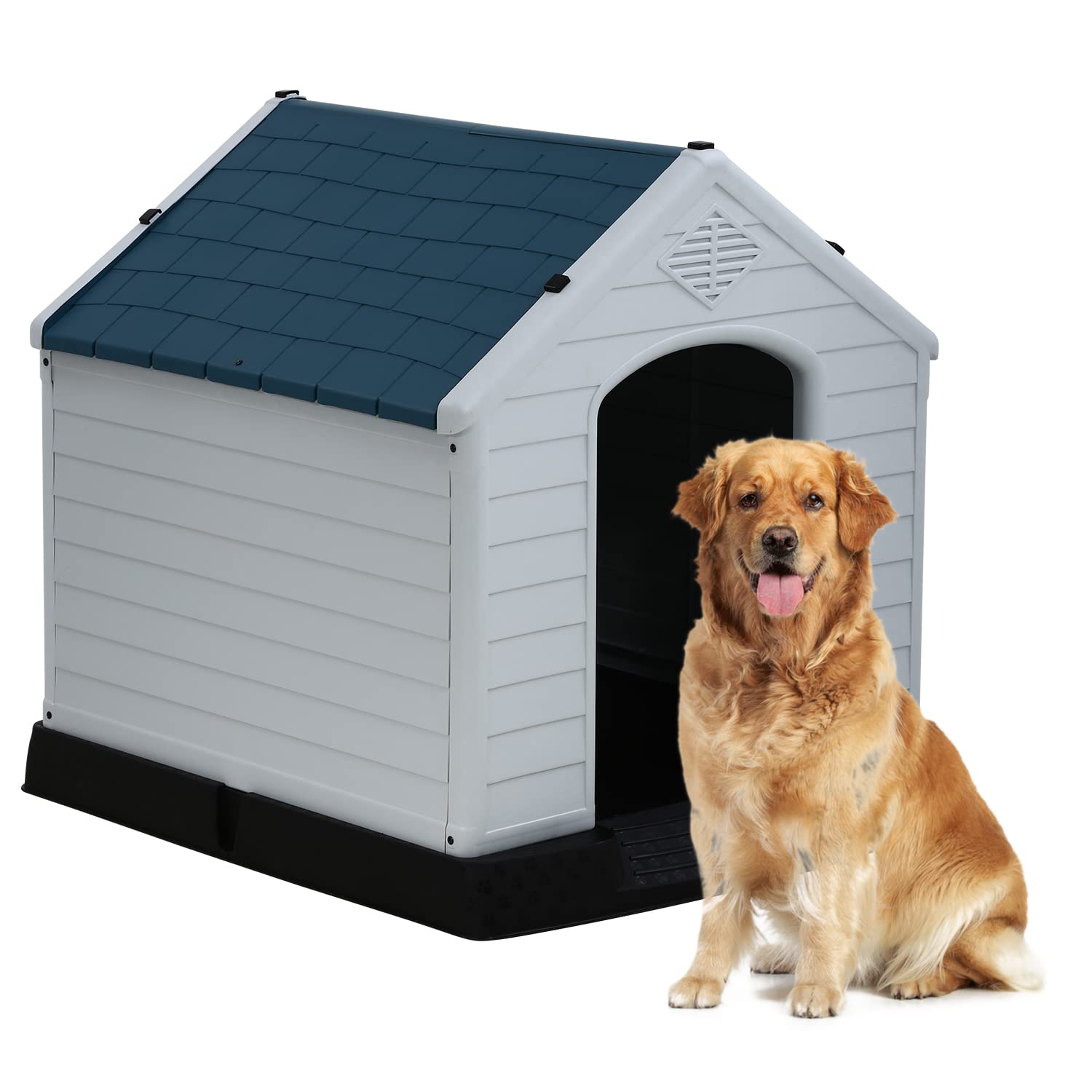 39 Inch Large Dog House with Air Vents & Elevated Floor - Durable Plastic Kennel for Small, Medium & Large Dogs - Indoor & Outdoor Use for Backyard, Patio or Garage