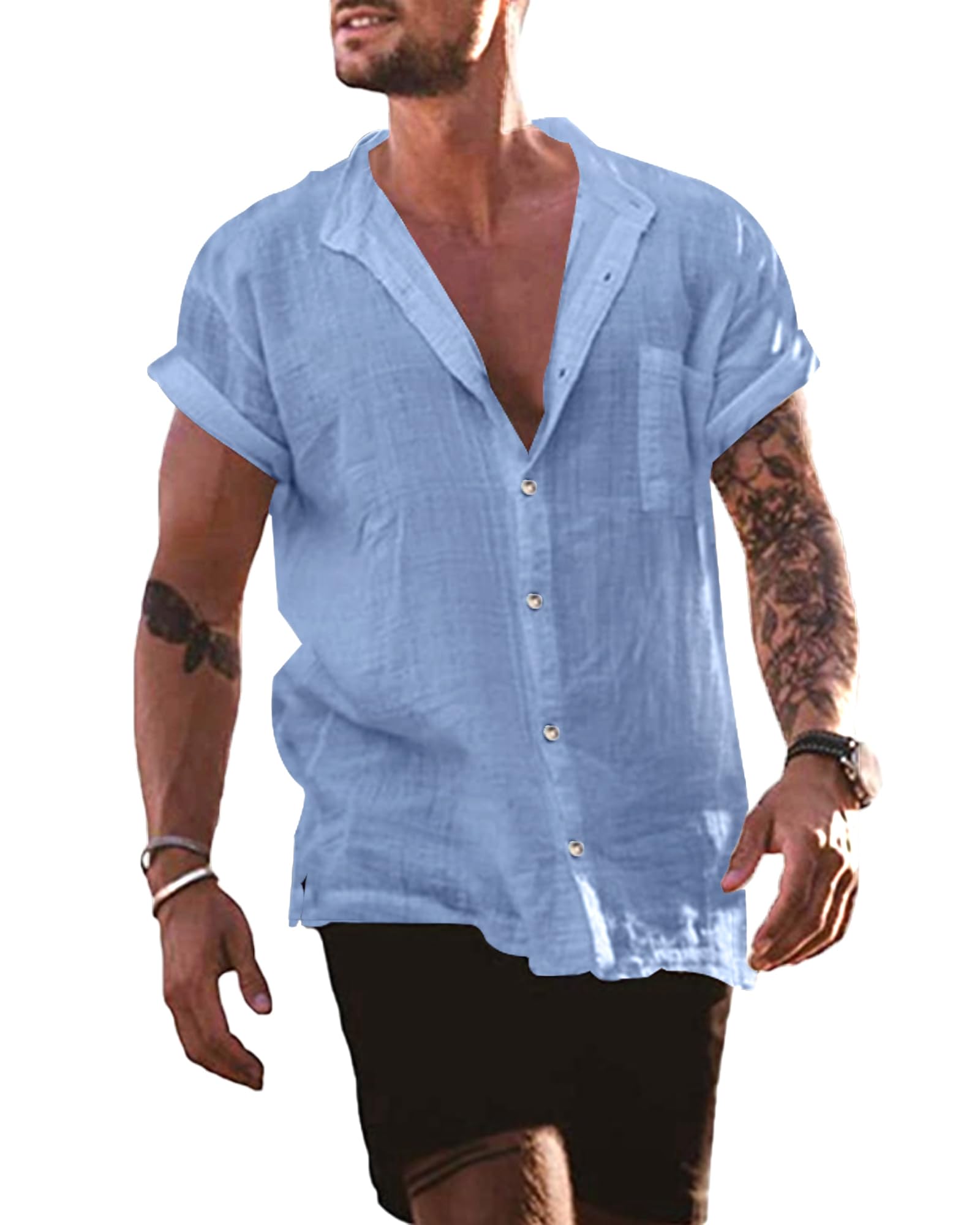 YAOBAOLE Men's Summer Linen Shirts - Breathable Short Sleeve Casual Button Down Shirt for Beach, Vacation & Outdoor Activities | Lightweight Comfortable Grandad Style Shirts for Men