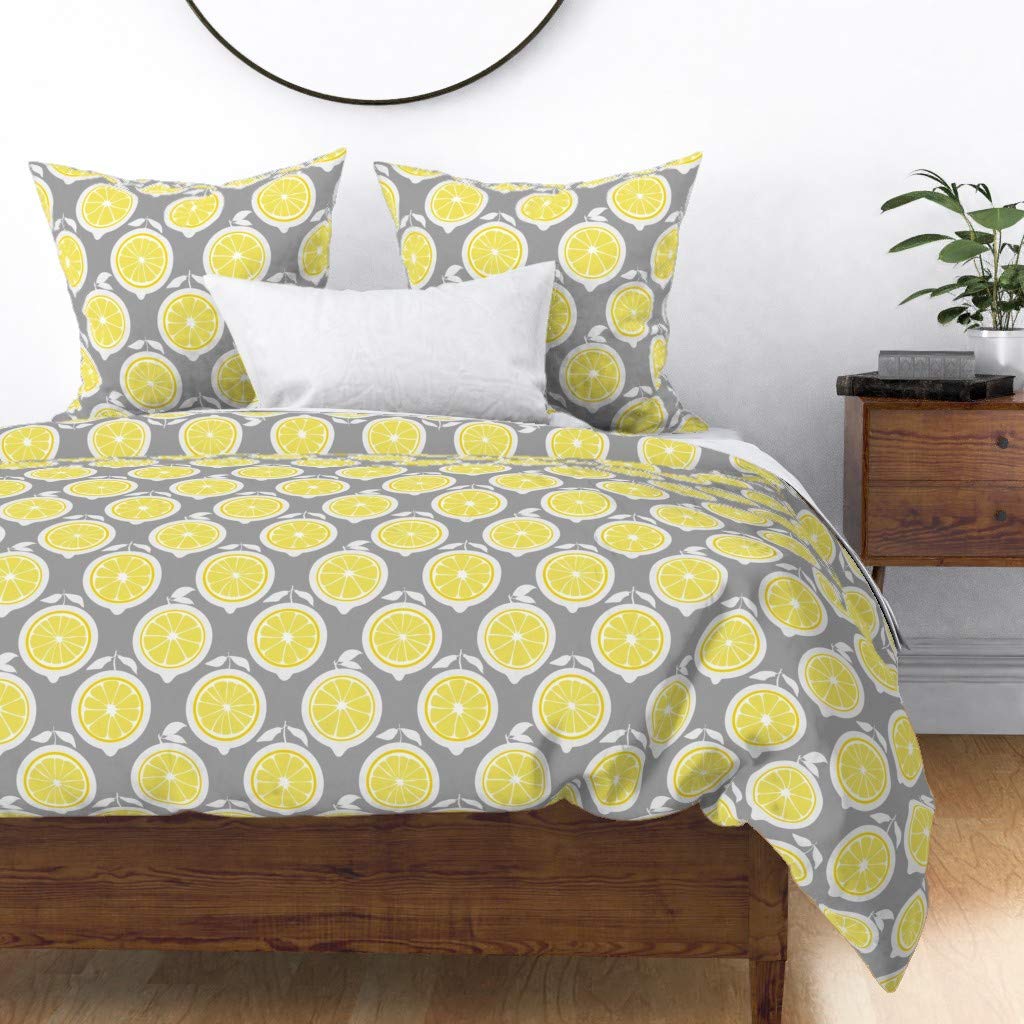 Yellow Lemon Grid Citrus Grey Cotton Sateen Duvet Cover - Full/Queen Size | Modern Kitchen & Summer Home Decor | Custom Food Print Bedding for Cozy Bedrooms & Guest Rooms