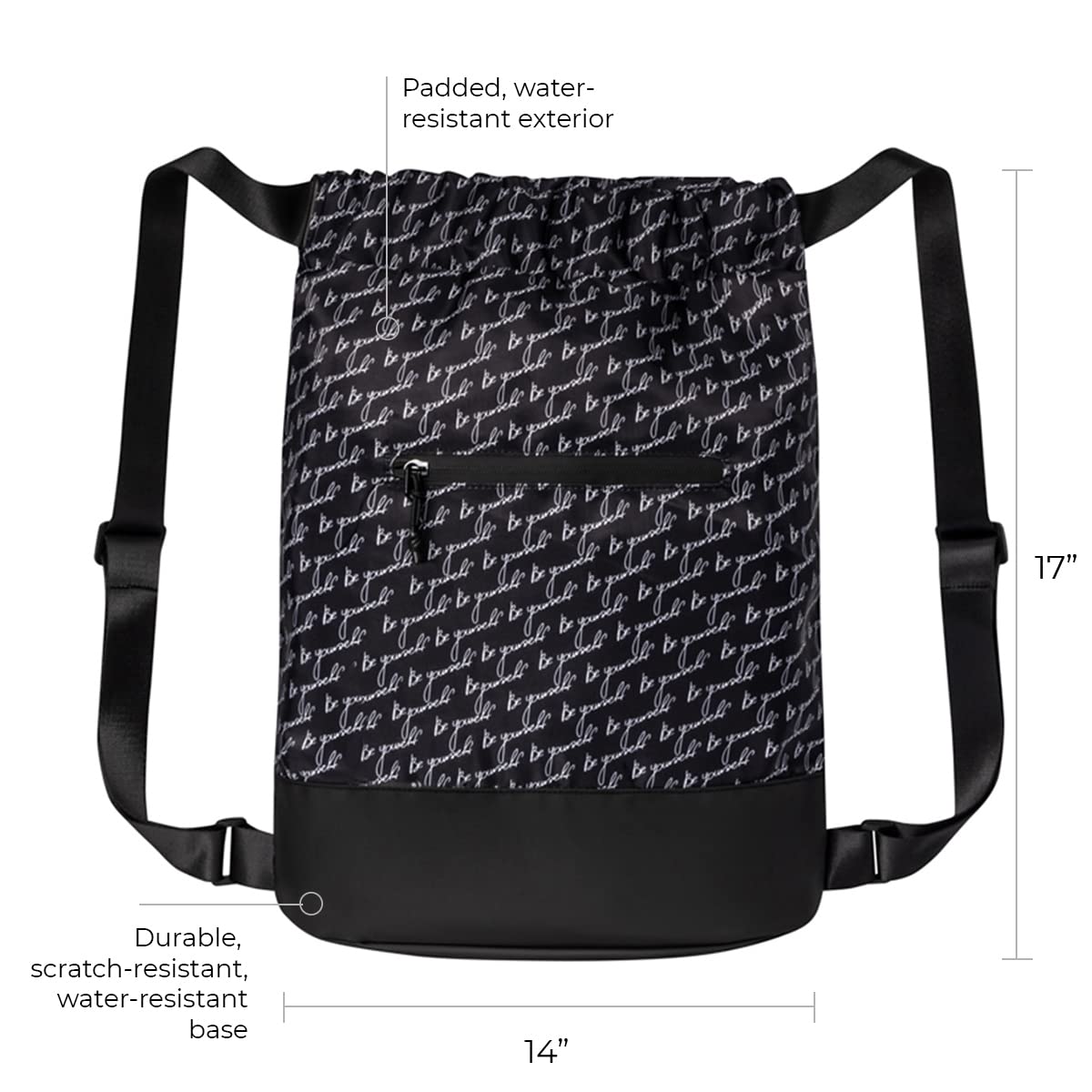 Stylish Women's Flex Cinch Drawstring Gym Bag with Trendy Graphic Designs | Durable Lightweight Sports Sack for Workout, Travel & Overnight Trips | Black/White 'Be Yourself' Pattern | Perfect for Yoga Class, Beach Day & Weekend Getaways