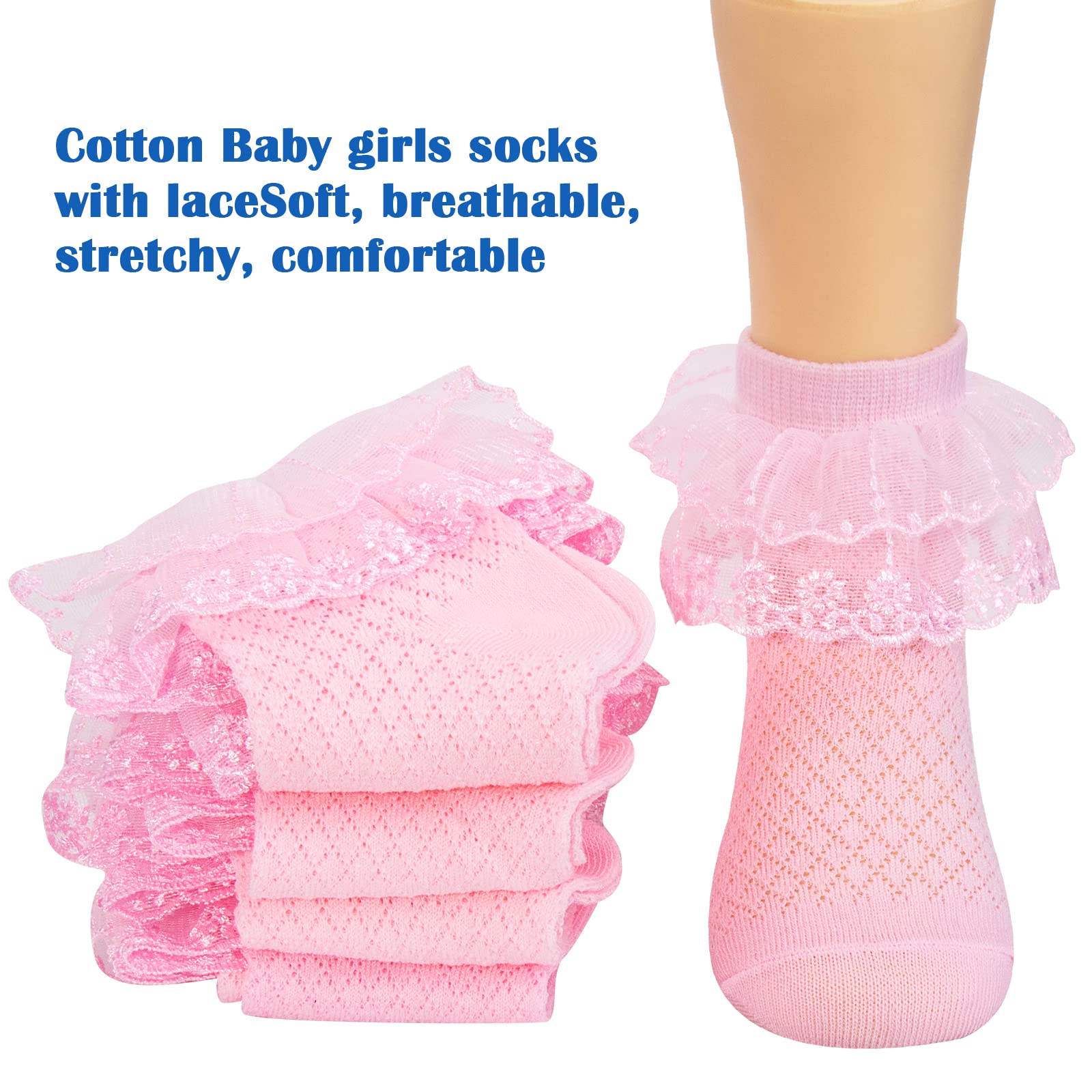 Looching 5 Pairs Toddler Baby Girls Ruffle Lace Socks - Breathable Eyelet Mesh Cotton Frilly Ankle Soft Dress Socks for Kids 2-13T - Perfect for Princess Costumes, Special Occasions & Everyday Wear