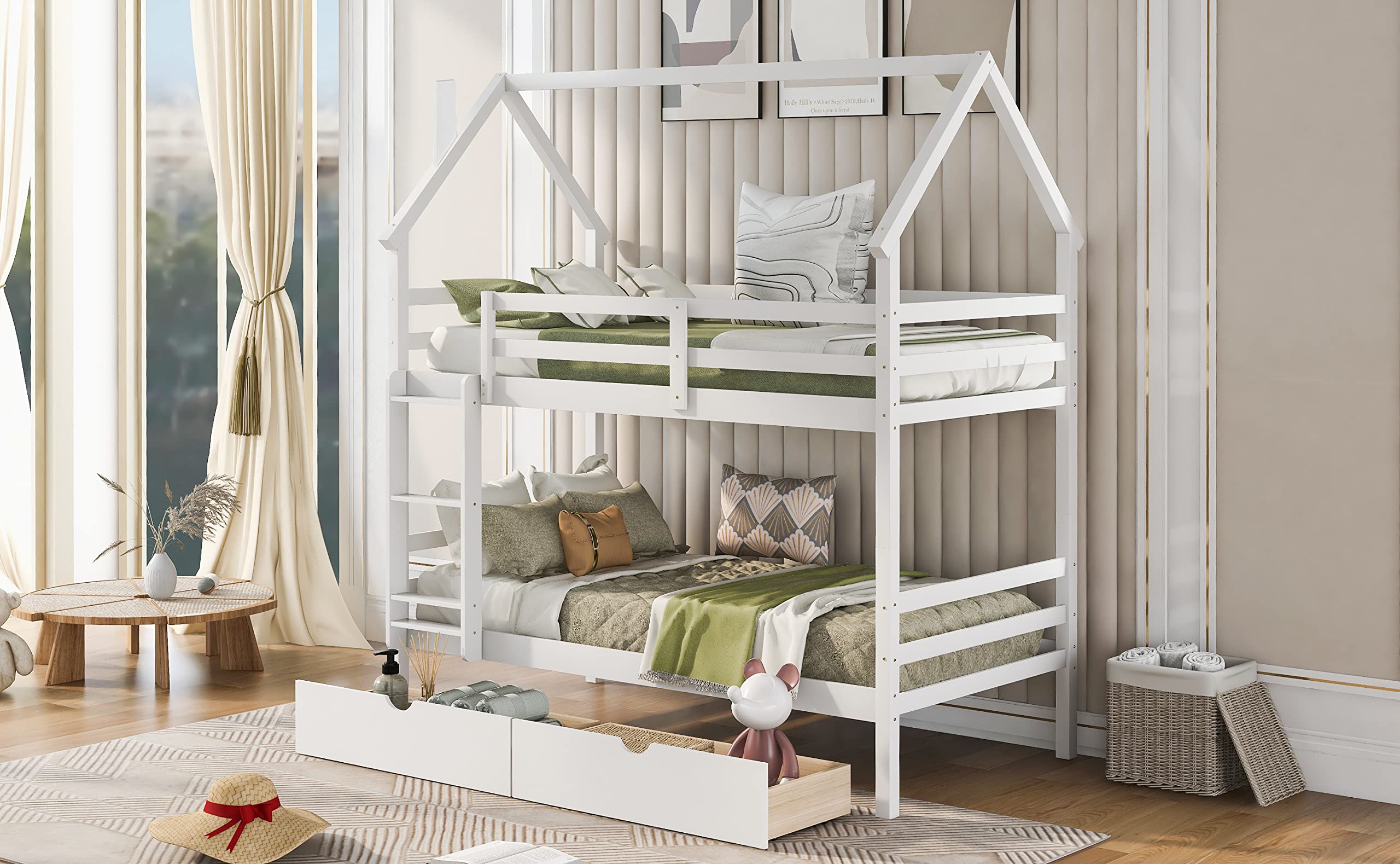 Twin Over Twin Wooden Bunk Bed with 2 Drawers & Chimney Design - Convertible to 2 Separate Beds for Kids, Teens & Toddlers - No Box Spring Required (White) | Perfect for Kids' Bedrooms, Guest Rooms & Space-Saving Home Solutions