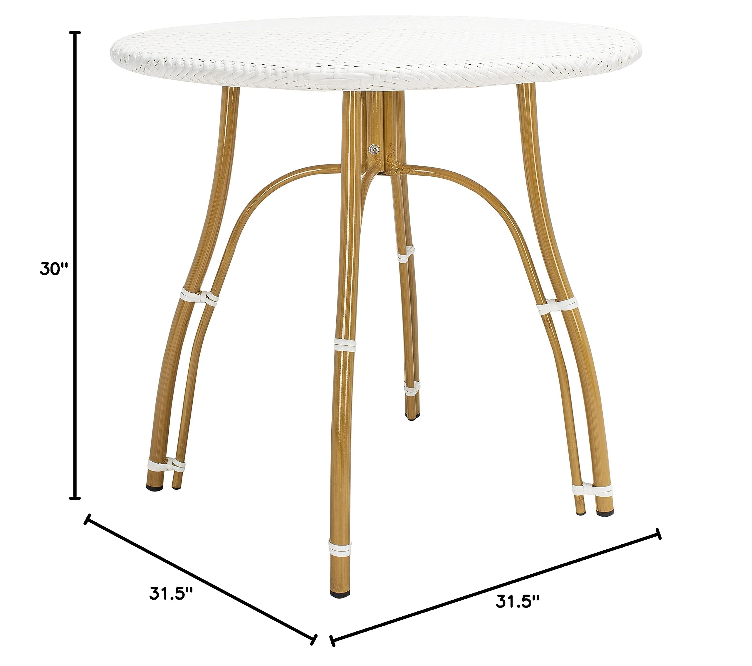 SAFAVIEH PAT4011C Outdoor Rattan Bistro Table - Weather-Resistant White Wicker Dining Set for Patio, Garden, Poolside & Balcony - Perfect for Outdoor Entertaining & Relaxation