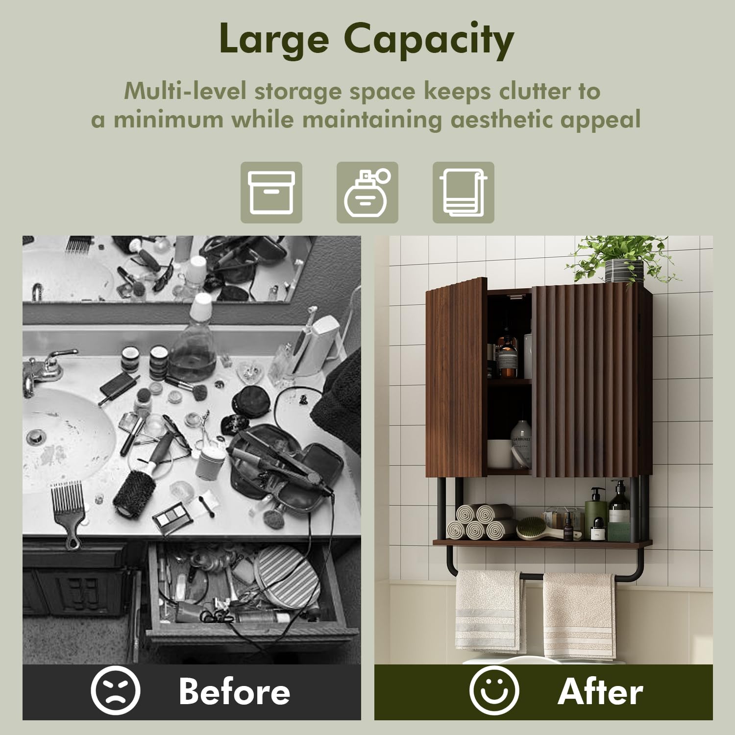 RUSTOWN 2-Door Fluted Bathroom Wall Cabinet with Adjustable Shelf & Towel Bar - 3-Tier Modern Farmhouse Medicine Cabinet for Over The Toilet Storage (Dark Walnut, Medium) - Perfect for Bathroom Organization & Small Space Storage Solutions