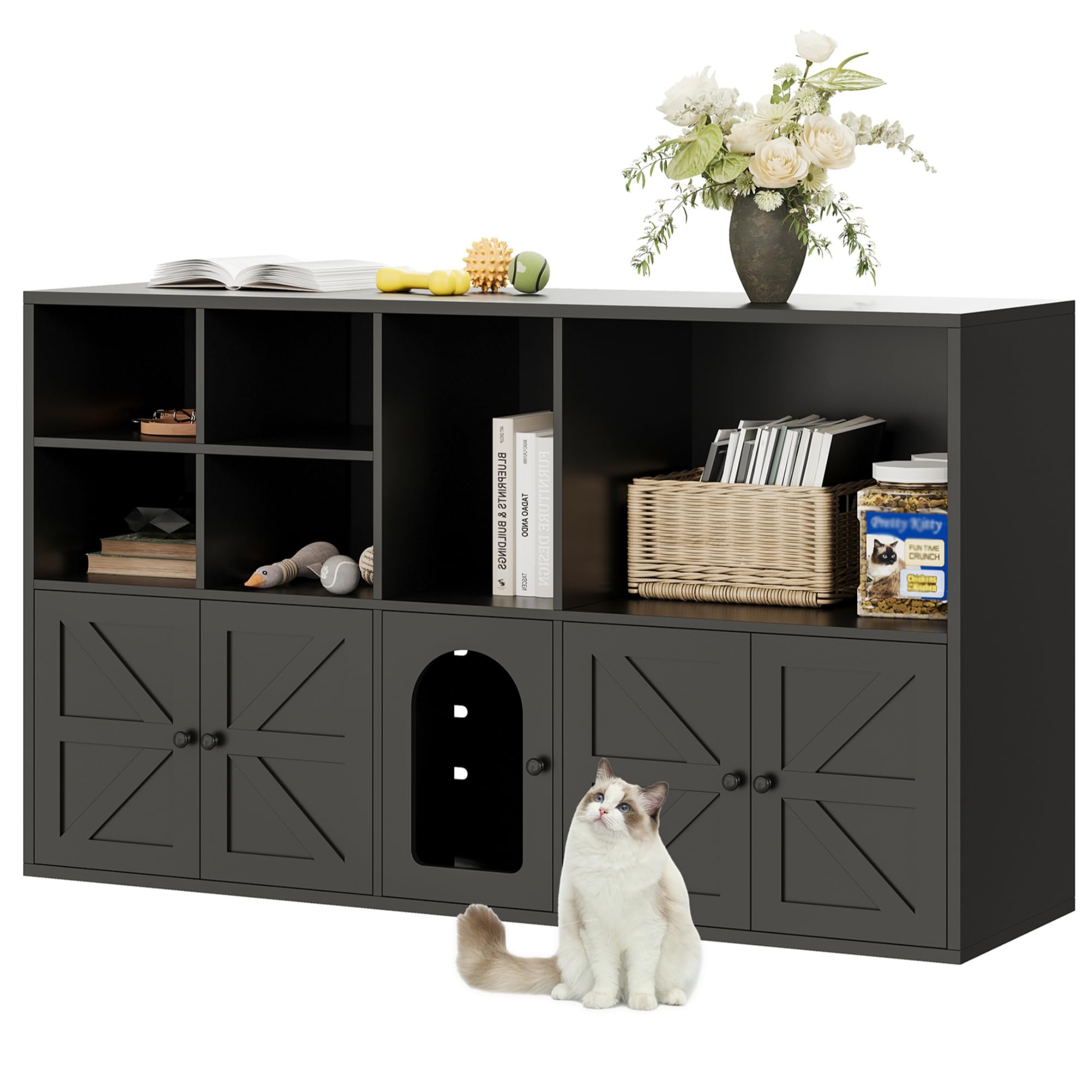 IRONCK Wooden Cat Litter Box Enclosure Furniture for 2 Cats - Double Room Hidden Litter Box with Large Storage Space, Cat Washroom House (Black) - Perfect for Home, Apartment & Multi-Cat Households