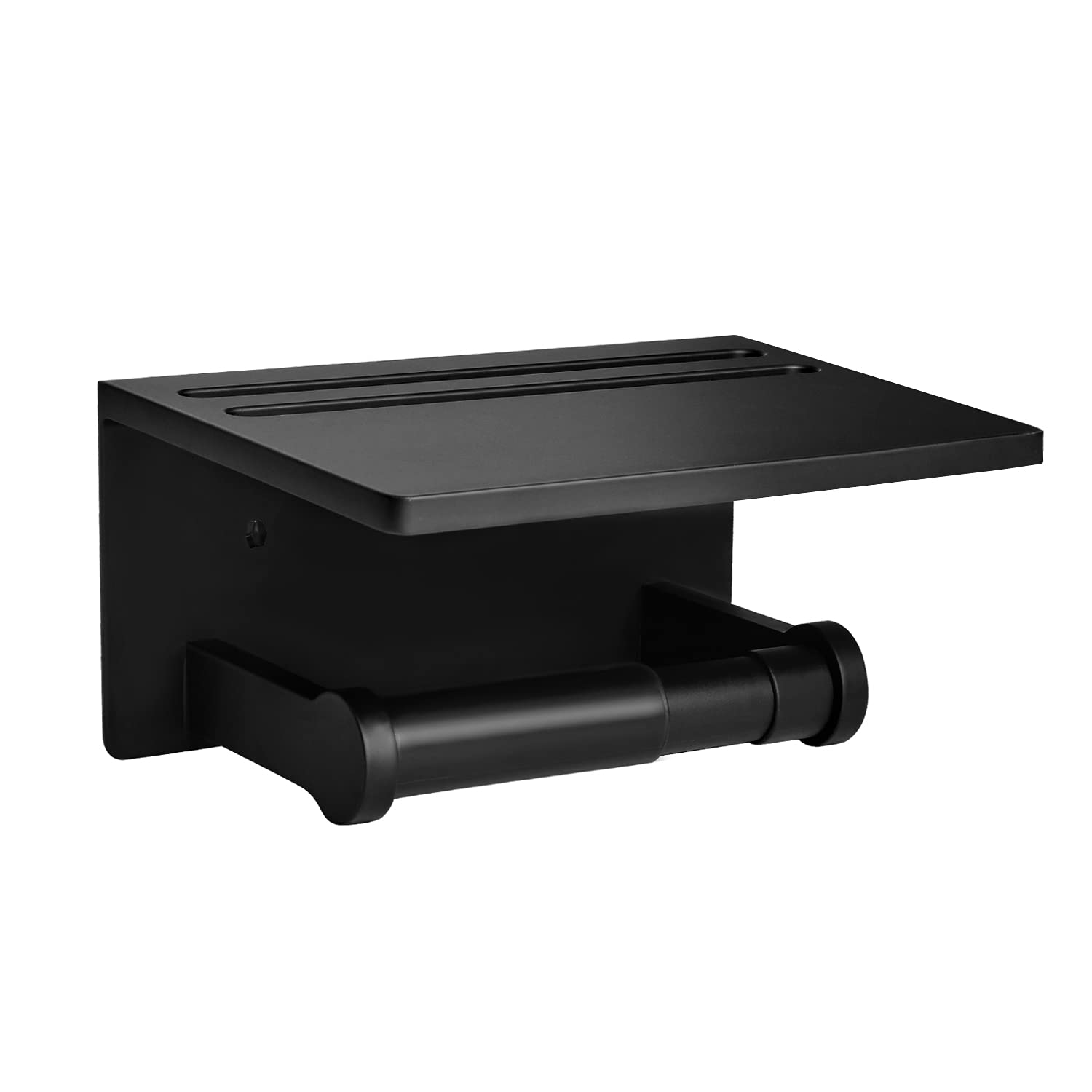 Premium Black Anti-Rust Aluminum Toilet Paper Holder with Shelf & Phone Stand - Wall Mounted Bathroom Tissue Dispenser with Screws - Perfect for Modern Homes, Apartments & Small Bathrooms