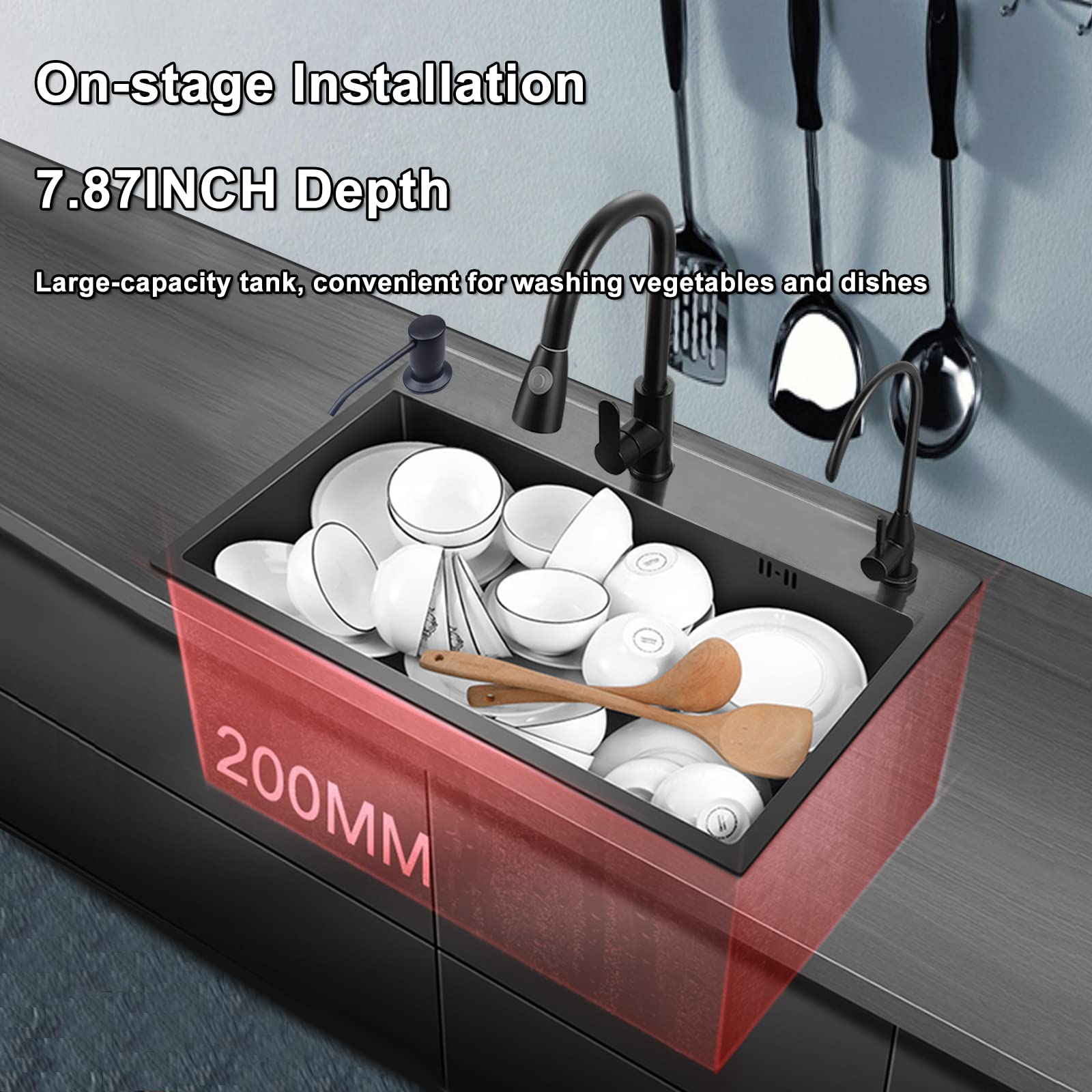 **Premium 304 Stainless Steel Undermount Single Bowl Kitchen Sink with Faucet - Large Capacity, Thick Nano Black Finish for Home Use - Perfect for Busy Kitchens, Cooking, and Dishwashing**
