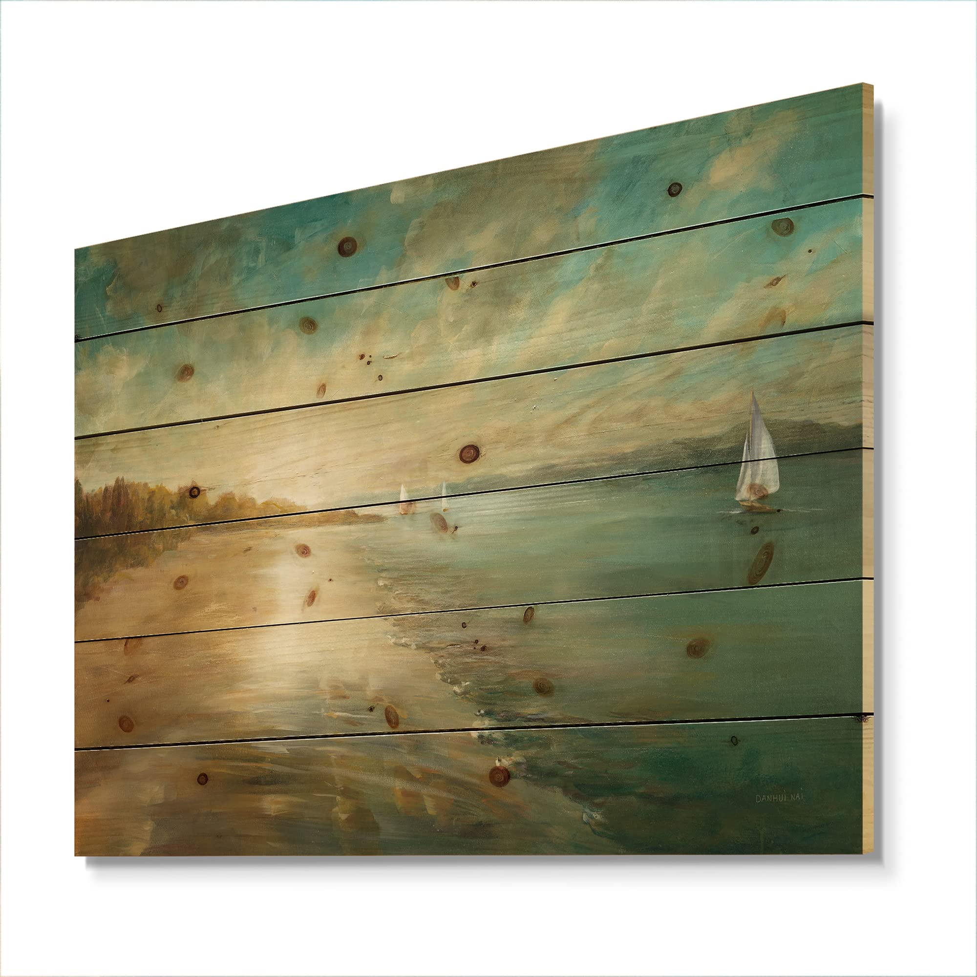 DesignQ Coastal Pastel Horizon Wood Wall Art - Nautical & Beach Decor, Blue Wood Wall Panels Printed on Natural Pine - Perfect for Living Room, Bedroom or Beach House Decor