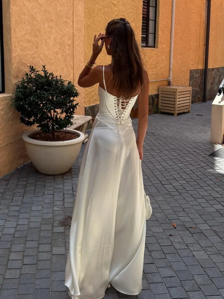Elegant Solid Satin Ruffles Sling Long Dress for Women - Sexy Square Neck Backless Sleeveless Lace Up Party Gown | Perfect for Evening Parties, Weddings, and Special Occasions