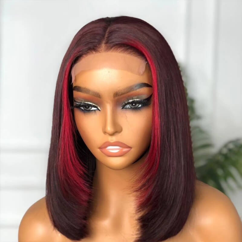 Eullair Wine Red Highlight Straight Skunk Stripe Human Hair Bob Wig - Short Layered Cut, Pre Plucked, Glueless, for Women | Perfect for Cosplay, Parties, and Daily Wear
