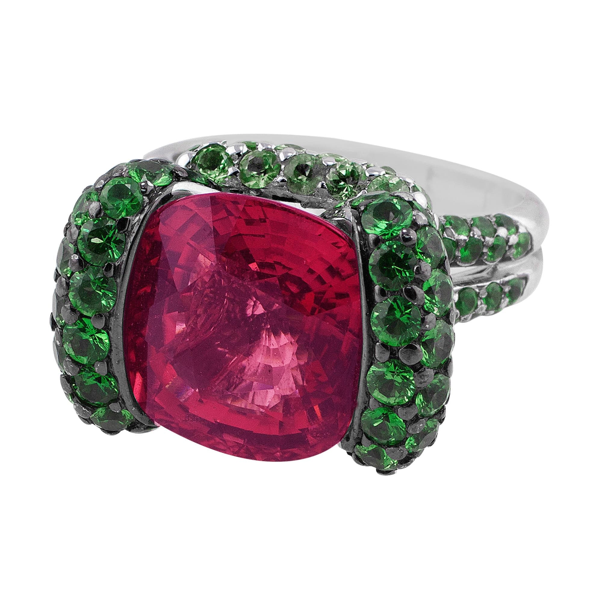 18K White Gold 10 Carat Pink Tourmaline and Green Tsavorite Gemstone Ring - Elegant Jewelry for Weddings, Anniversaries & Special Occasions