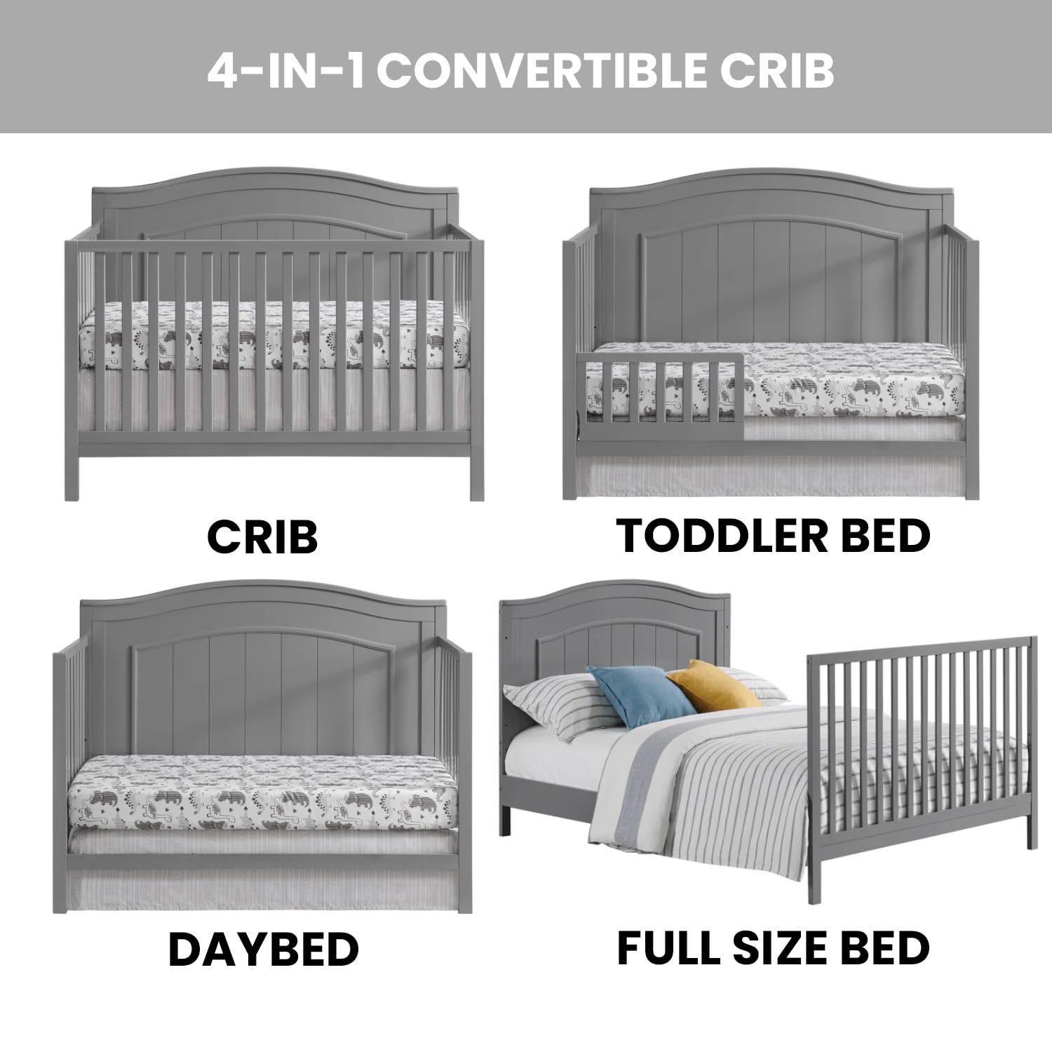 Oxford Baby North Bay 4-in-1 Convertible Baby Crib - Greenguard Gold Certified, Dove Gray | Nursery, Toddler Bed & Daybed | Safe & Stylish for Newborns to Teens