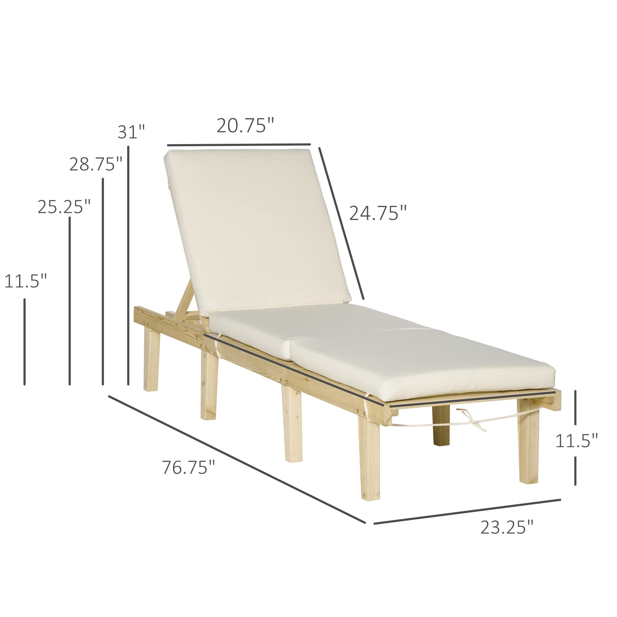 Outsunny Adjustable Wooden Chaise Lounge Chair for Outdoor - 4-Position Reclining Patio Furniture with Cushion - Perfect for Poolside, Beach, Deck, Garden & Sunbathing Relaxation