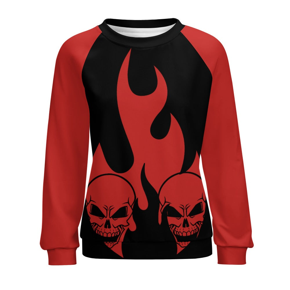 Burning Skulls Raglan Round Neck Sweater - Gothic Style Long Sleeve Pullover for Men & Women | Perfect for Halloween, Concerts, and Alternative Fashion