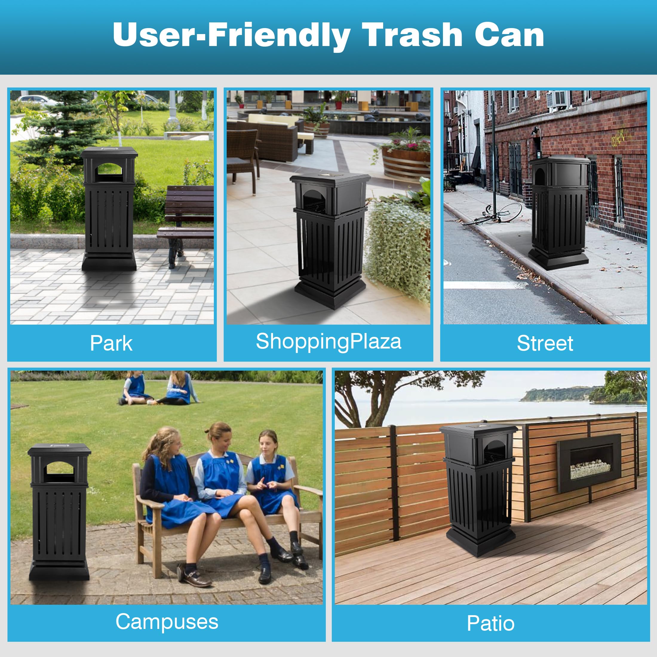IRONWALLS Commercial Trash Can with Lid - 50 Gallon Black Outdoor Garbage Bin, Heavy-Duty Steel Square Waste Container with Side Opening & Removable Inner Bucket for Patio, Park, Garden, Restaurant, and Commercial Use - Weather-Resistant Decorative Trash Bin for Outdoor Spaces
