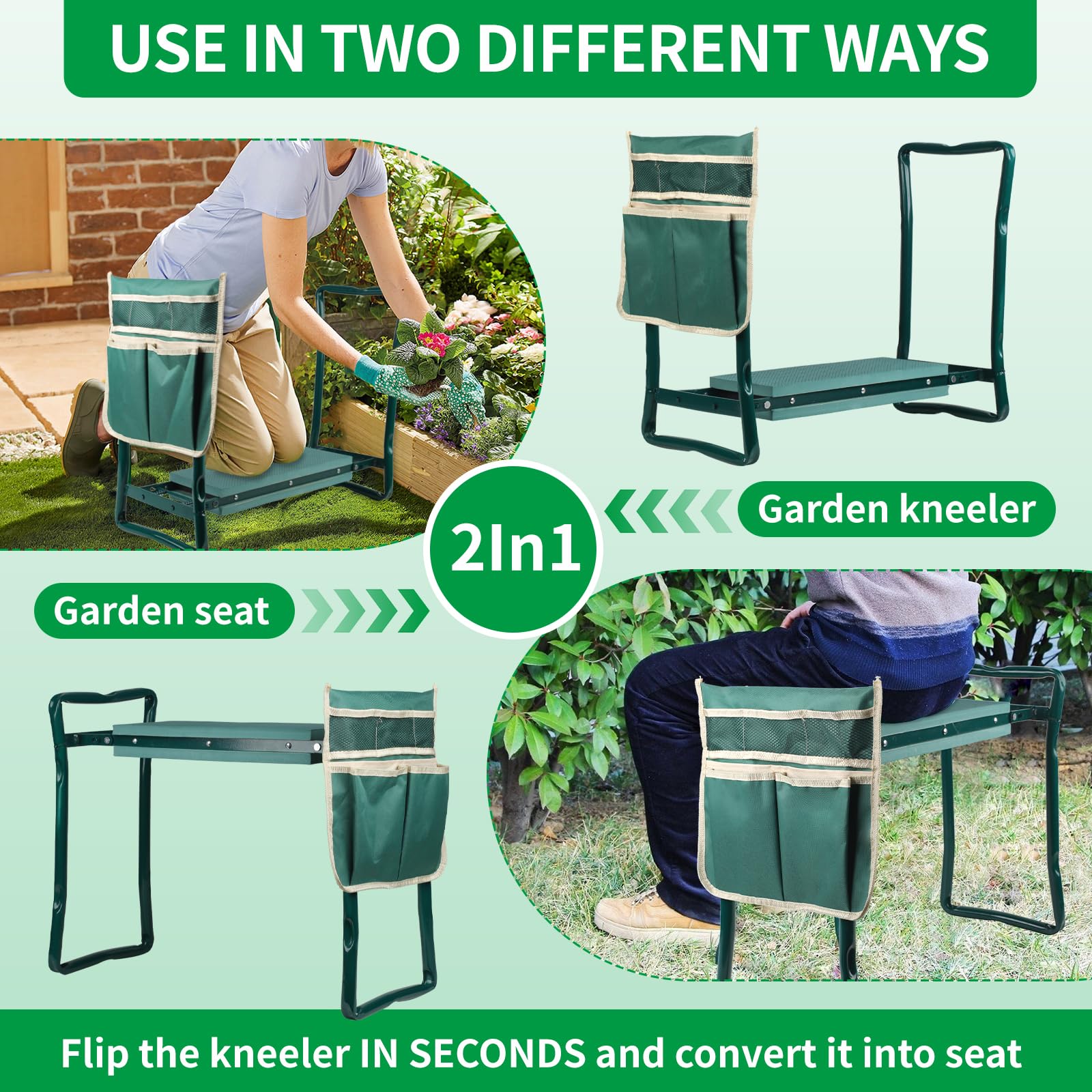 Foldable Garden Kneeler and Seat with Tool Pouch & EVA Foam Pad - Portable Gardening Stool for Women, Men, Seniors - Perfect for Planting, Weeding, and Outdoor Yard Work
