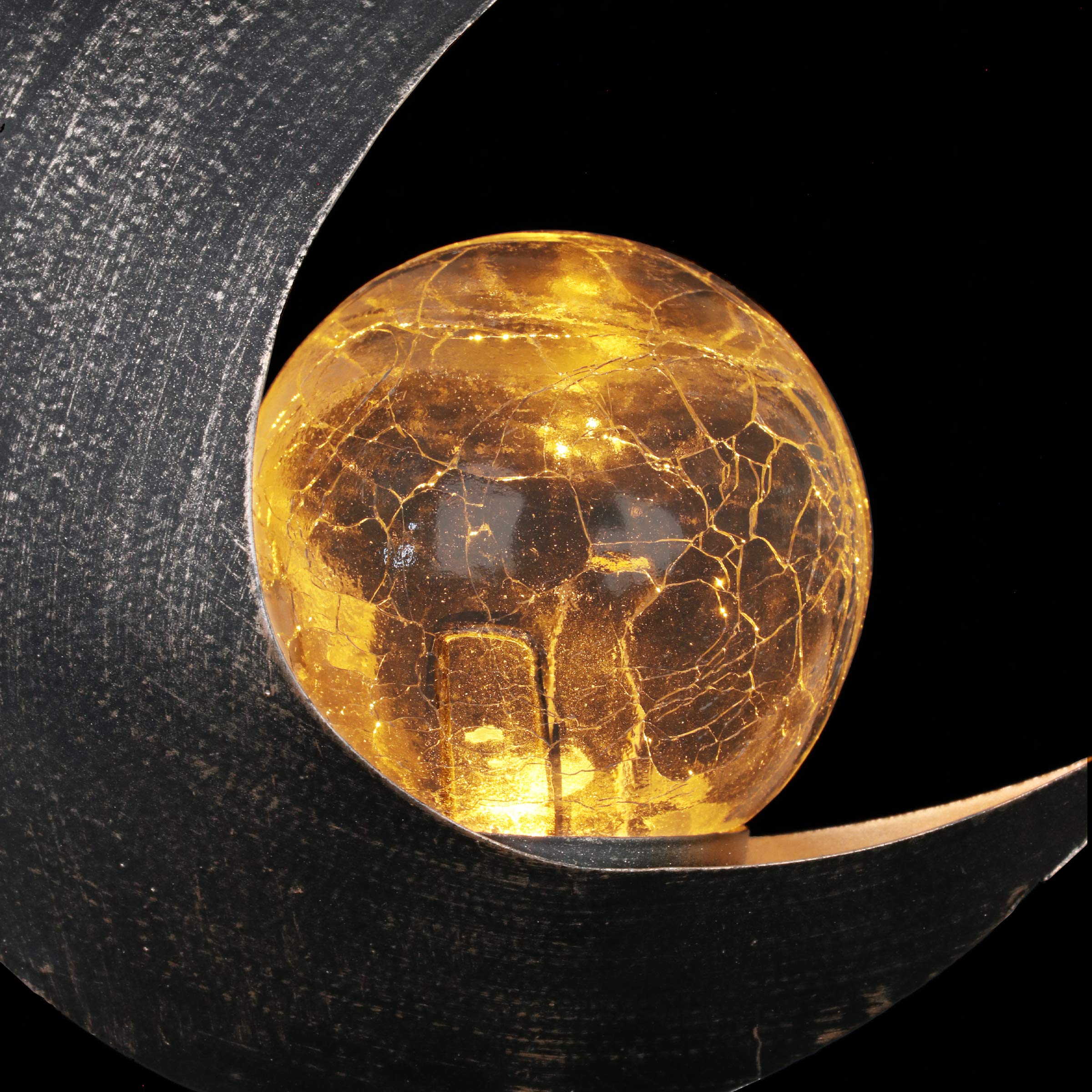 Exhart Solar Garden Lights - Crescent Moon Flickering Flame Stake with LED Glass Crackle Ball, Outdoor Metal Yard Art Decoration (5 x 2.5 x 37.5 Inch) - Perfect for Patio, Lawn, Pathway and Backyard Lighting