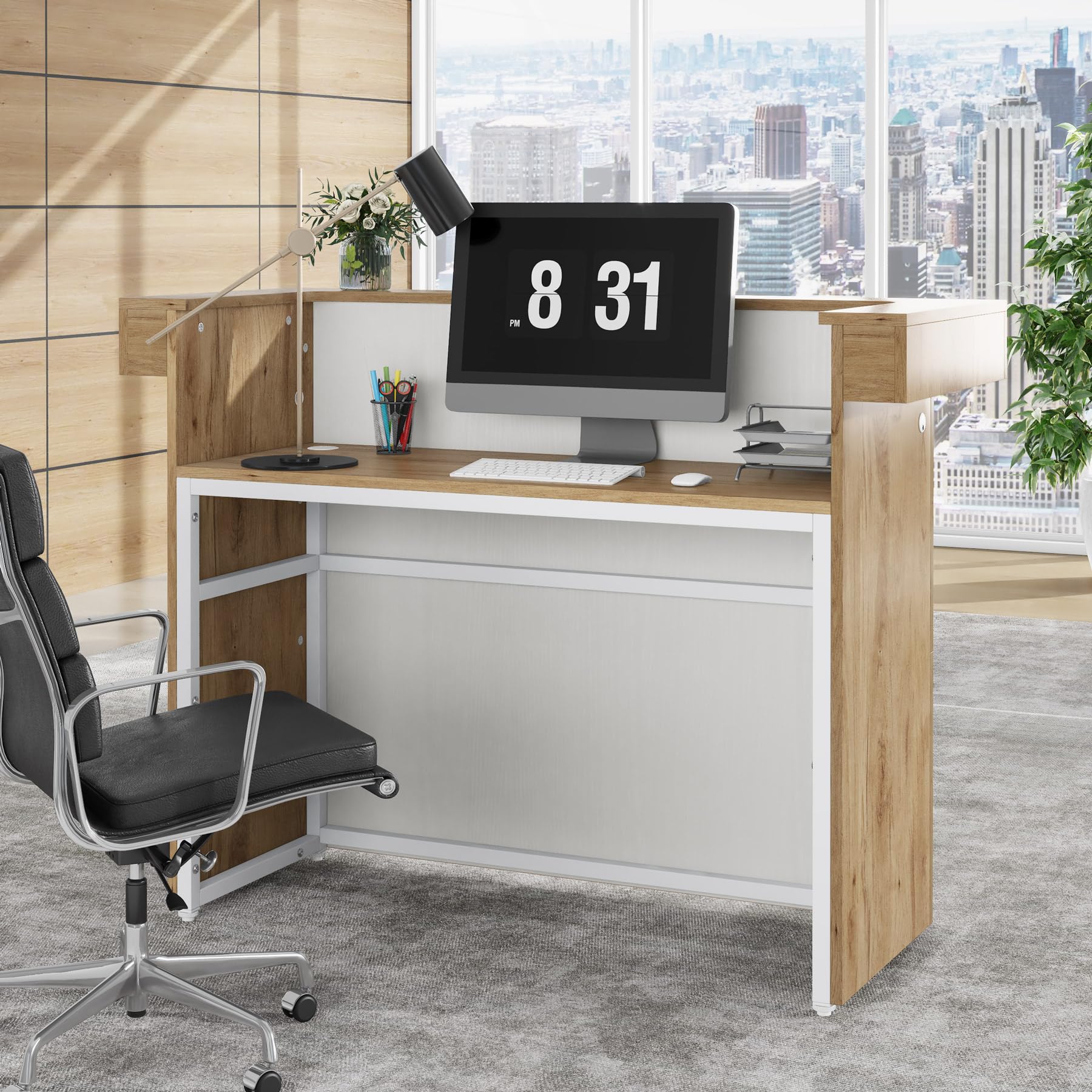 Tribesigns 55-Inch Modern Reception Desk with Built-in Light & Cable Grommets - Brown Office Lobby Counter Table for Salon, Retail Shop & Business Waiting Area - Perfect for Professional Spaces & Commercial Interiors