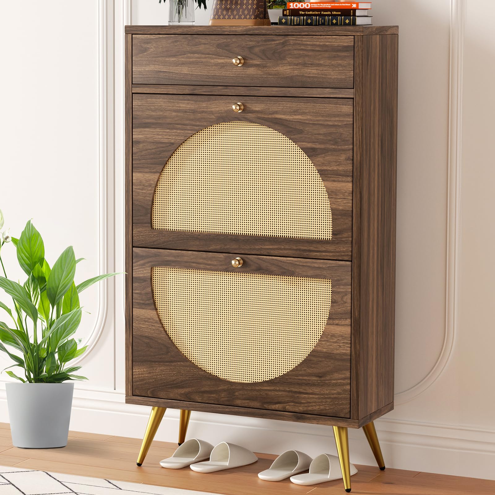 Meilocar Rattan Shoe Cabinet with 2 Flip Doors & 1 Drawer - 3-Tier Adjustable Shelf Shoe Storage Organizer - Freestanding Slim Shoe Rack for Entryway, Closet, Hallway - Perfect for Small Spaces & Home Organization (Walnut)