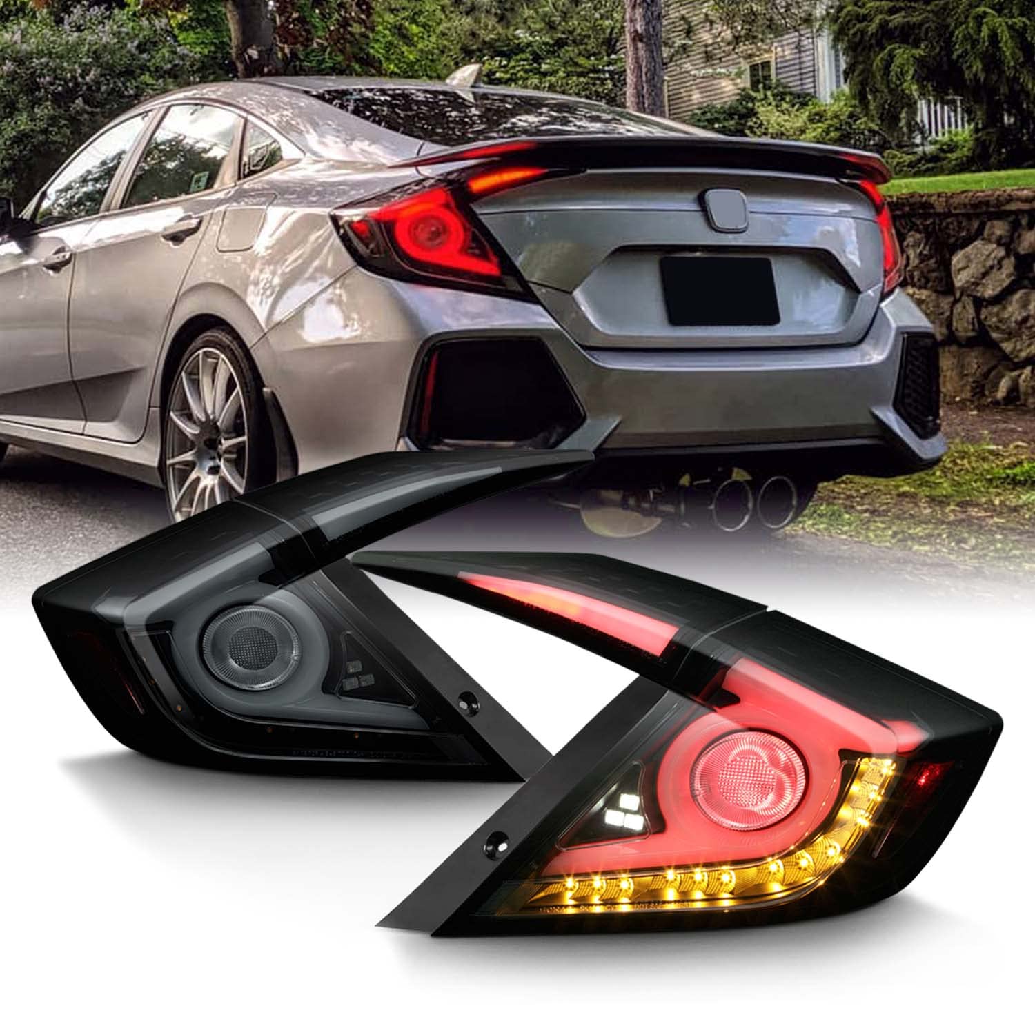 AKKON Black Smoked LED Tail Lights for 2016-2021 Honda Civic Sedan - Sequential Amber Turn Signals & Brake Lamps - Direct Fit Replacement - Enhances Style & Safety for Night Driving & Daily Commute
