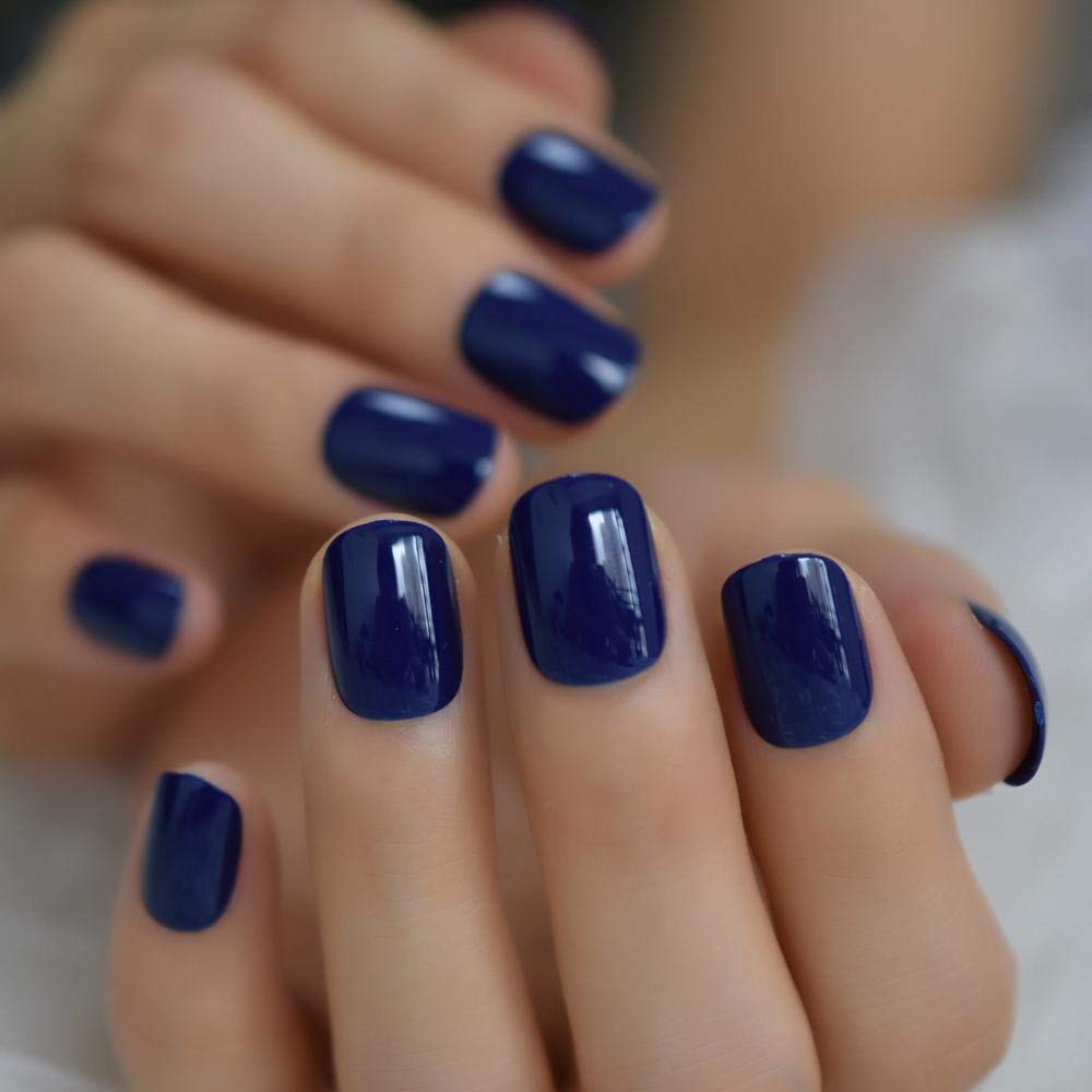 Short Round Press-On Fake Nails - Dark Blue Shiny Solid Acrylic Nail Tips for Women | Perfect for Everyday Wear, Parties & Special Occasions