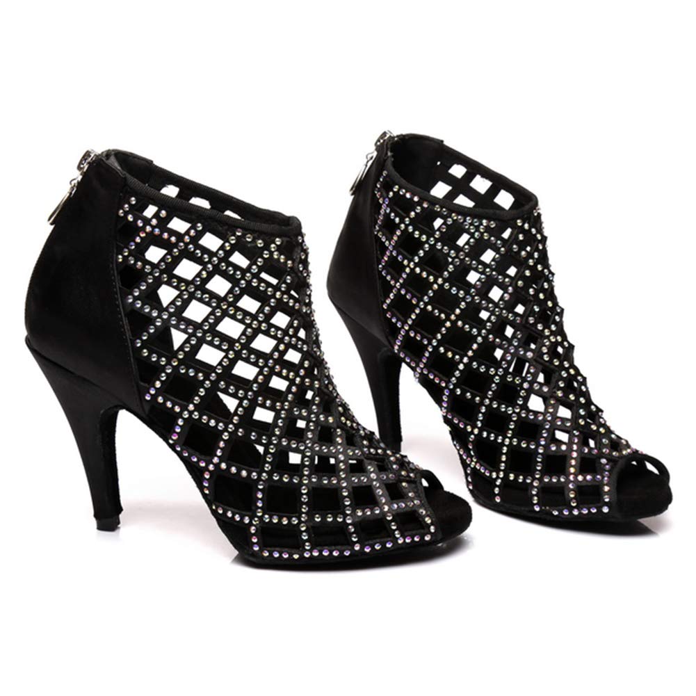 HROYL Women's Rhinestone Latin Salsa Satin Dance Heels - Open Toe Ankle Boots for Ballroom, Tango, Salsa Dancing - YCL398 | Perfect for Dance Competitions & Performances