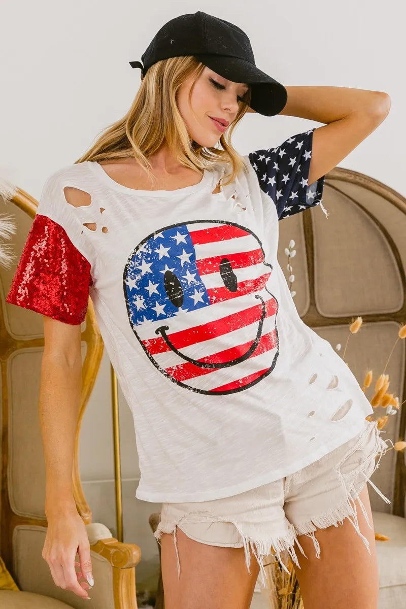 BiBi Patriotic 4th of July Women's T-Shirt - Laser Cut Star & Smile Face Design - Perfect for Independence Day Parties & Summer Festivals