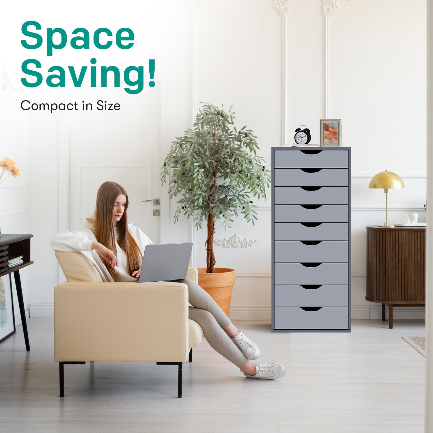 Naomi Home Bianca 9-Drawer Wooden Dresser - Large Storage Cabinet for Bedroom & Closet, Makeup Organizer with 200 lbs Capacity, Gray - Perfect for Home Organization & Bedroom Decor