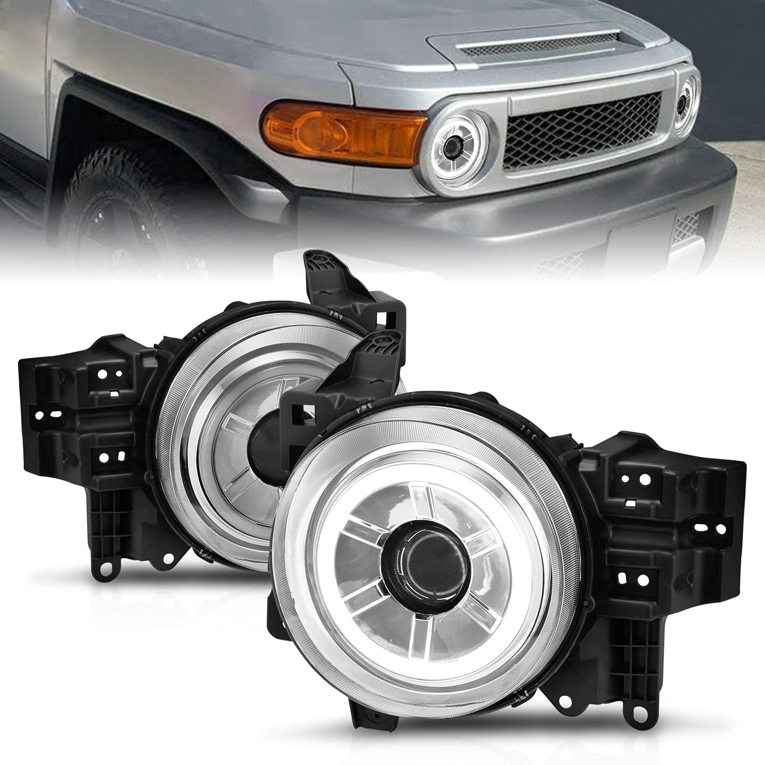 High-Performance AmeriLite Chrome LED Projector Headlights with Halo for Toyota FJ Cruiser - Driver & Passenger Side | Durable Replacement for Night Driving & Off-Road Adventures
