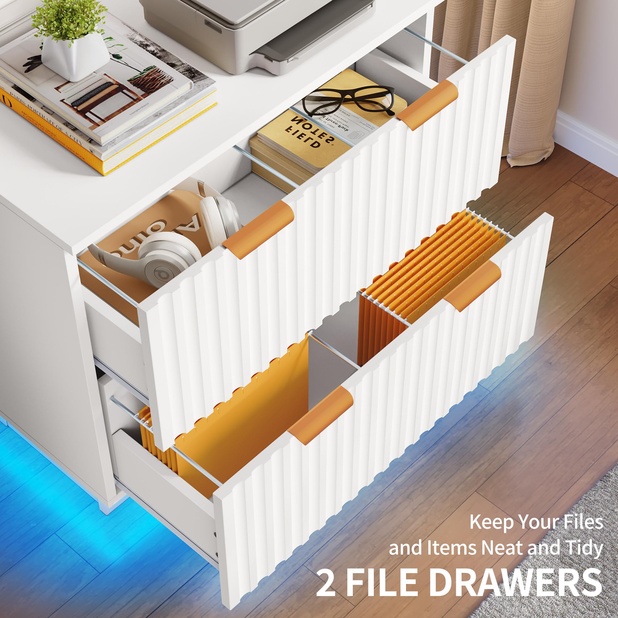 YITAHOME 2-Drawer File Cabinet with LED Light - Modern Lateral Filing Cabinet for Home Office, Large Storage Organizer - Perfect for Document Storage & Office Organization (White)