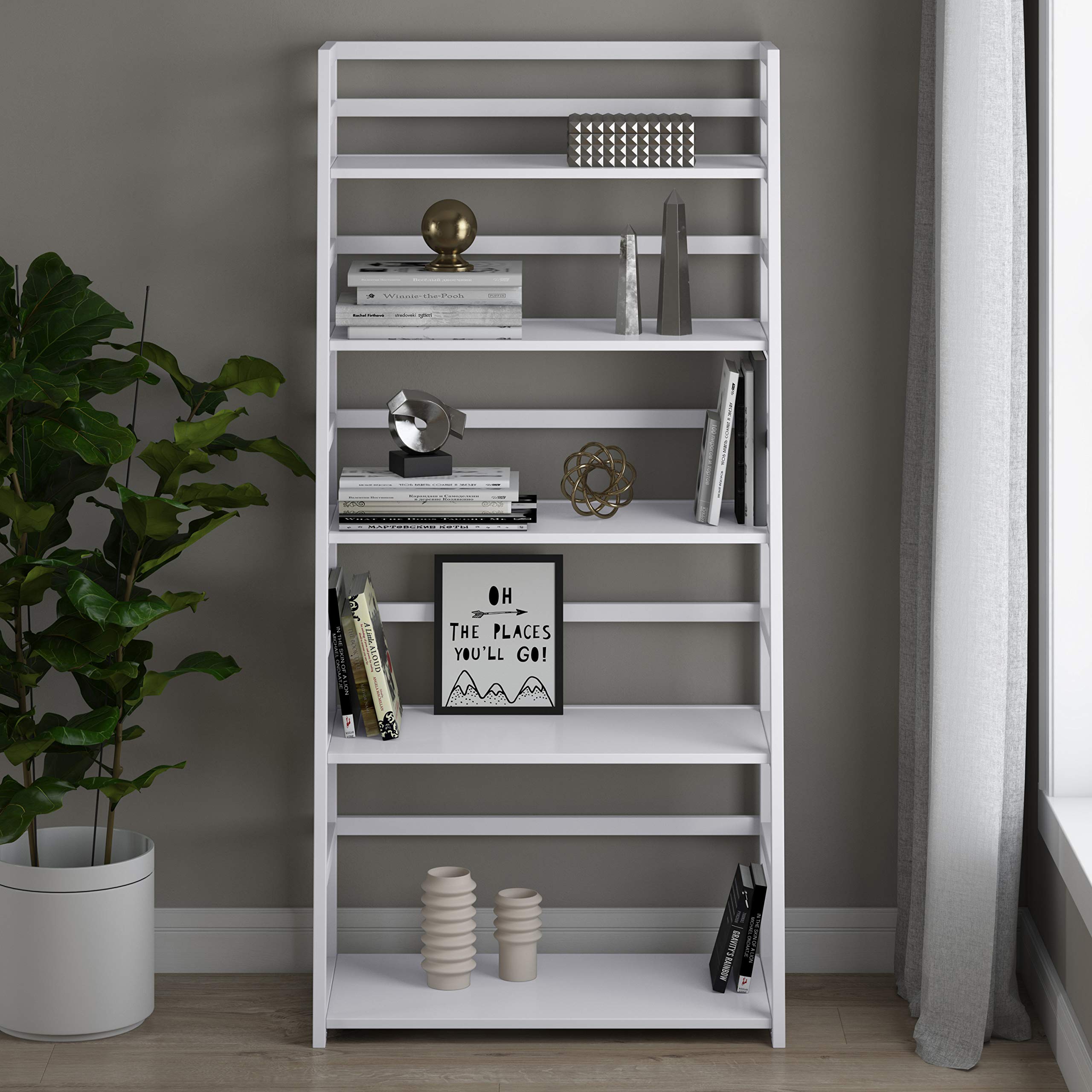SIMPLIHOME Acadian 30 Inch Solid Wood Transitional Ladder Shelf Bookcase - White Wooden Storage Organizer for Living Room, Study, Office & Bedroom Decor