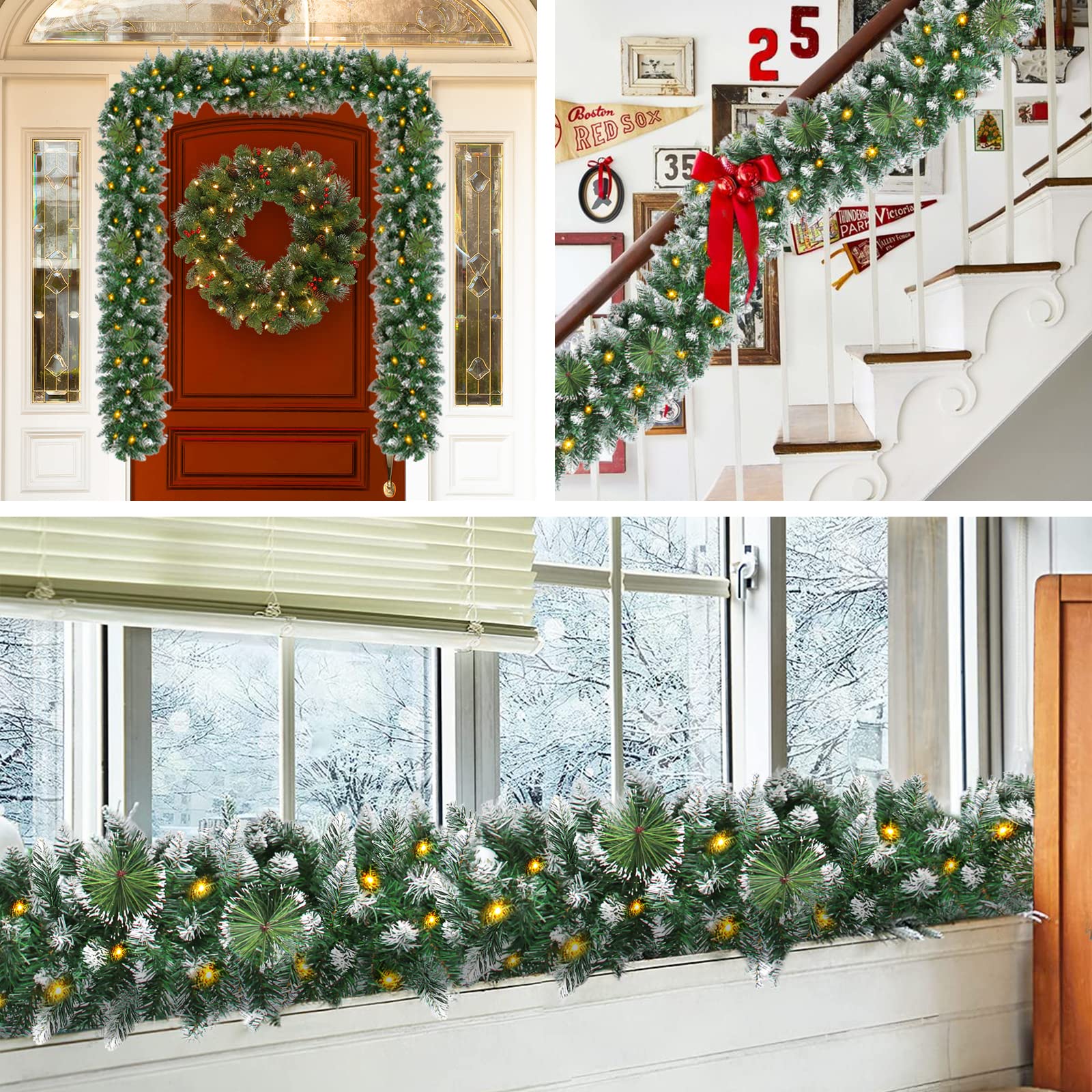 9FT Pre-Lit Christmas Garland with 100 Warm White LED Lights - Battery Operated Snowy Cedar Bristle Garland with Timer - Waterproof Outdoor Christmas Decor for Mantle, Staircase & Holiday Parties