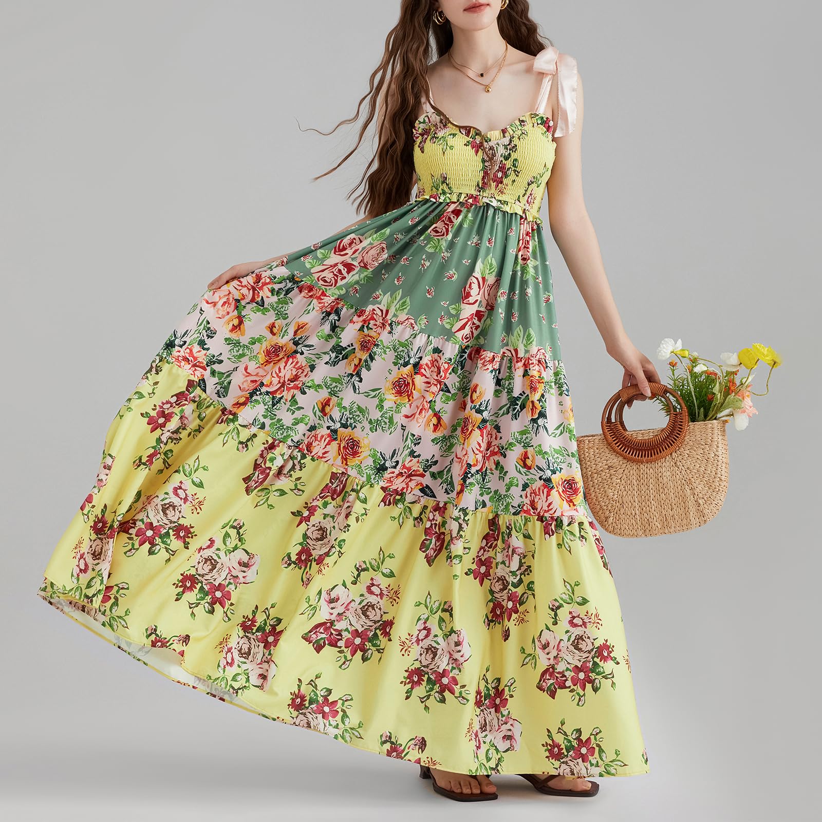 Women's Summer Casual Maxi Dress - Boho Sleeveless Flowy Long Dress with Tie-Up & Cutout Details | Perfect for Vacation, Beach, and Outdoor Events