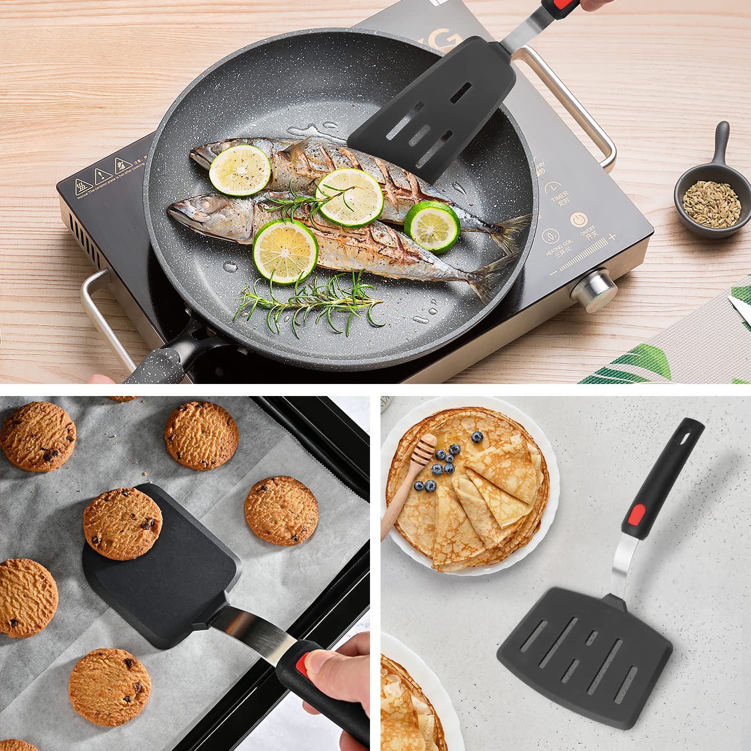 Premium Silicone Spatula Set of 3 - 600°F Heat Resistant Nonstick Kitchen Utensils for Flipping Eggs, Burgers & Pancakes | Flexible Rubber Turner for Cooking, Baking & Grilling | Ideal for Nonstick Pans, Skillets & Crepe Makers