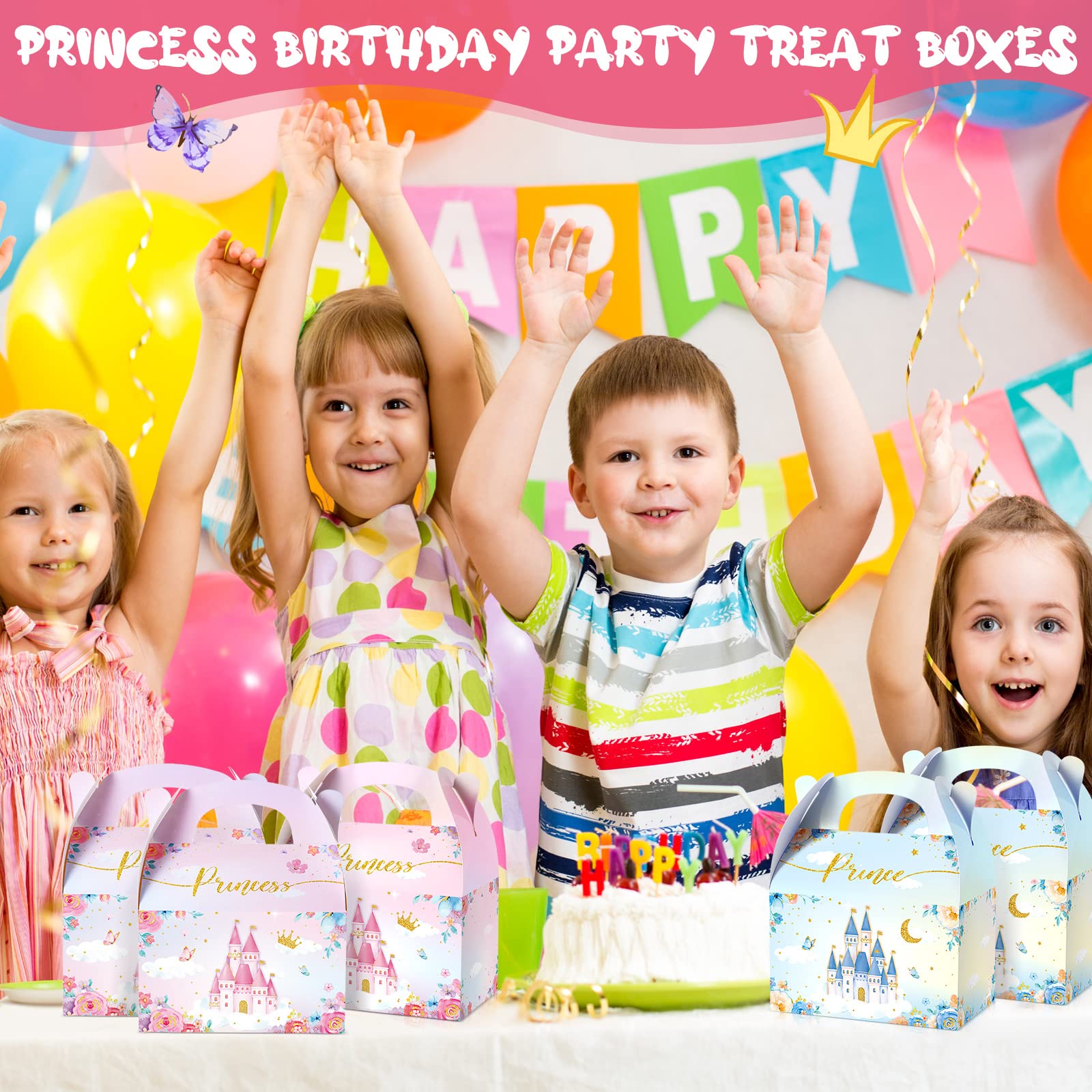 Nezyo Princess and Prince Treat Boxes - Pink & Blue Crown Cardboard Goodie Boxes for Kids Birthday Party Favors (12 Pcs) - Perfect for Royal Themed Birthday Parties, Baby Showers, and Gender Reveal Events