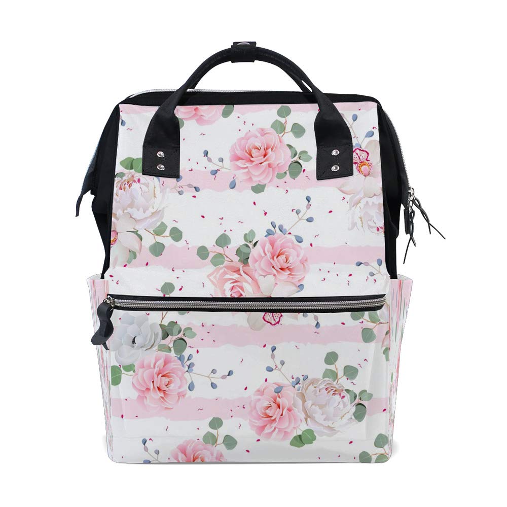 Multifunctional Waterproof Diaper Backpack for Moms - Large Capacity Baby Nappy Bag with Pink Stripes & Floral Design | Perfect for Nursing, Travel & Everyday Use