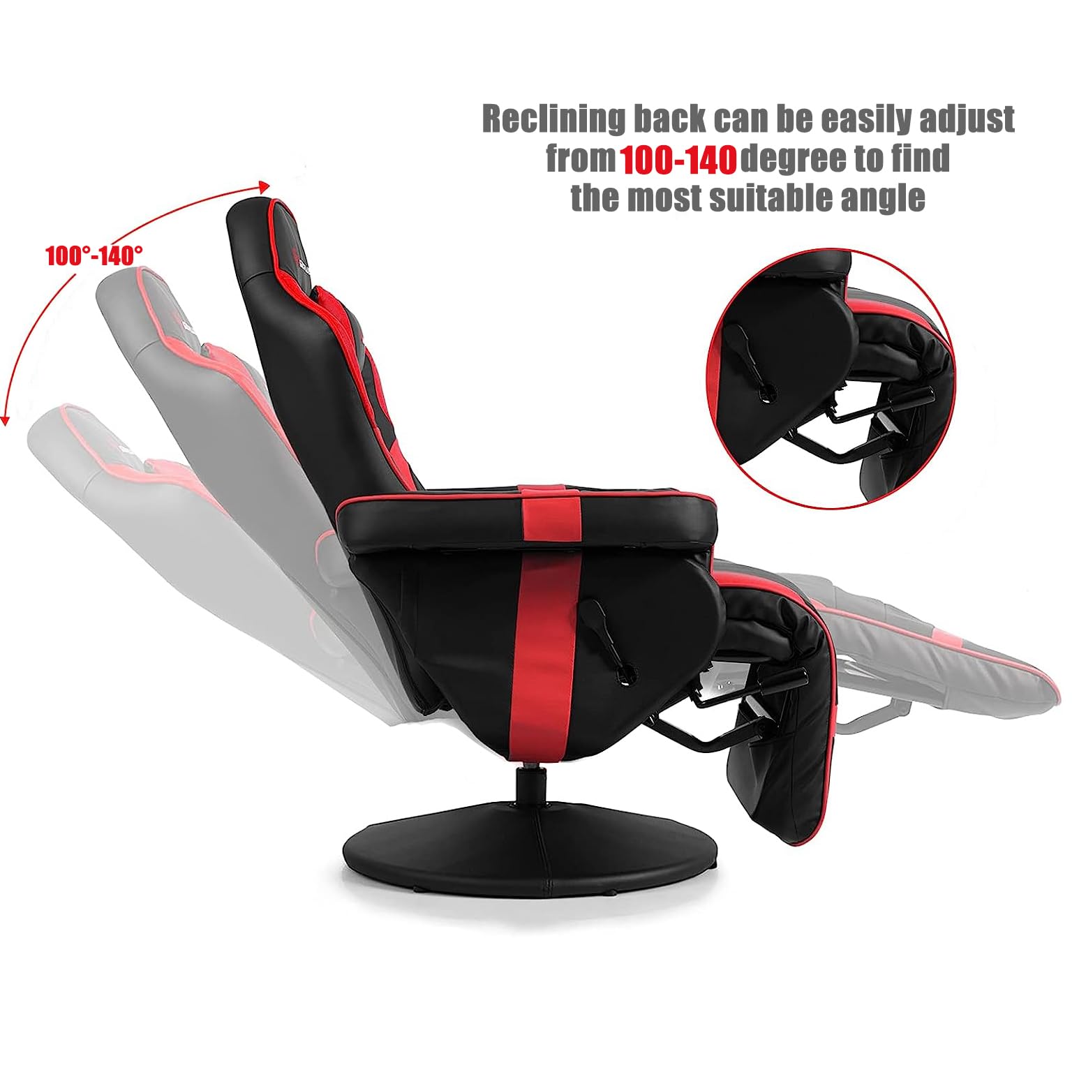 Powerstone Ergonomic Gaming Recliner Chair with Massage & Footrest - PU Leather Video Game Chair with Adjustable Headrest, Cup Holder & Side Pouch - Perfect for Gaming, Living Room & Home Theater Relaxation (Red)