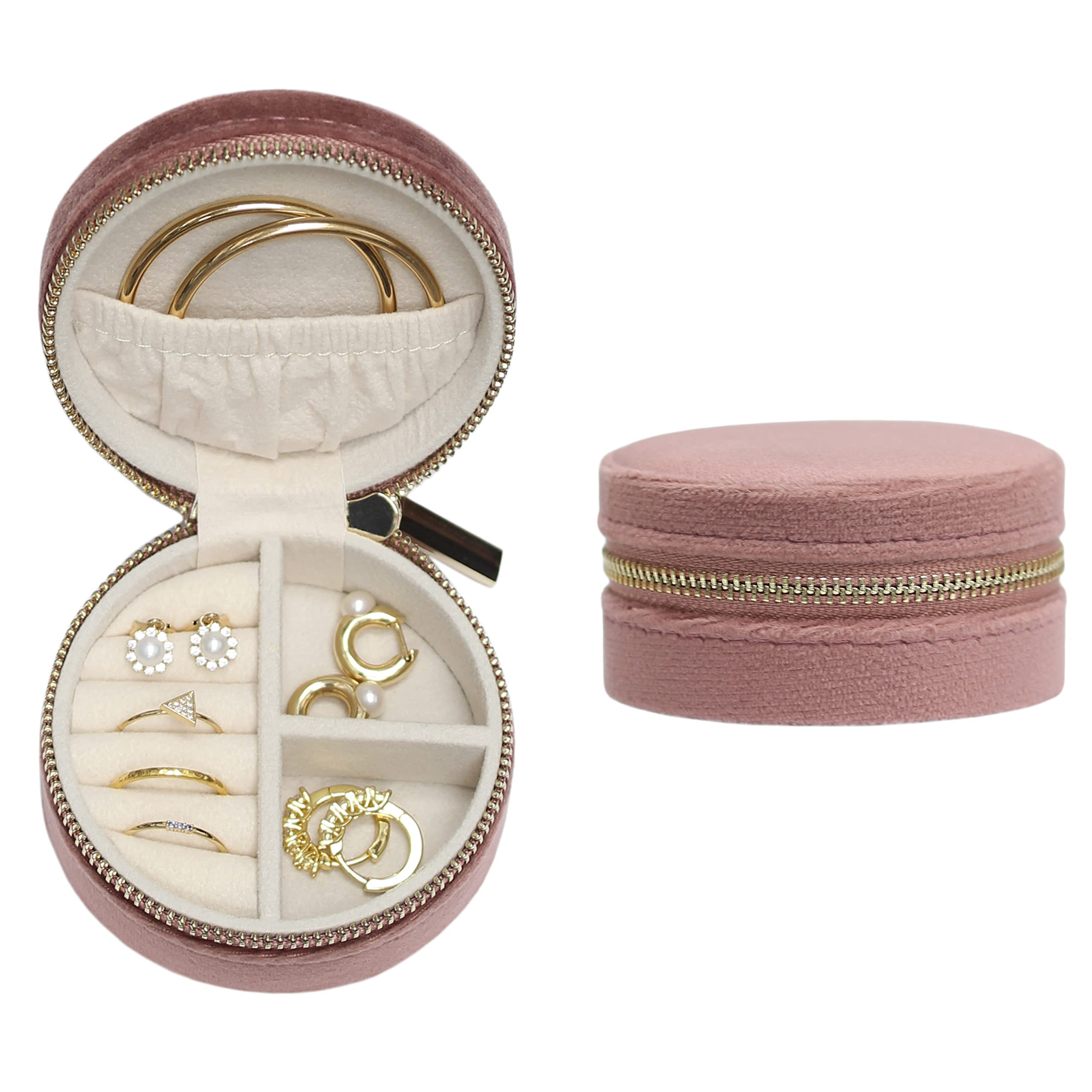 BLUTETE Velvet Travel Jewelry Organizer - Small Round Jewelry Storage Case with Zipper Closure, Portable Jewelry Box for Earrings, Rings & Necklaces - Perfect Jewelry Gift Box for Women (Round Nude Pink) | Great for Travel, Vacation & Daily Jewelry Organization