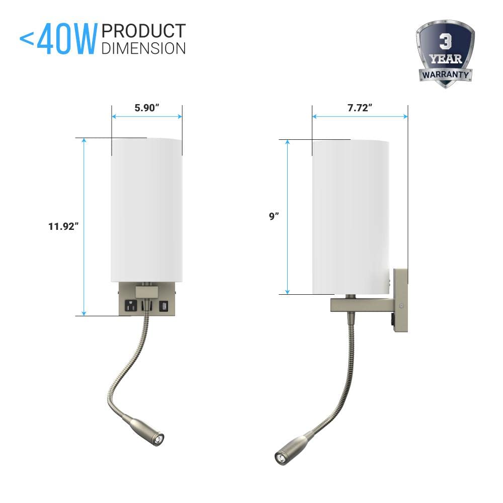 LEDMyplace Modern Swing Arm Wall Sconce Light - 120V LED Reading Light with USB Port & Outlet, Brushed Nickel Finish & White Acrylic Shade - Perfect for Bedroom, Living Room, Study & Office (Pack of 2)