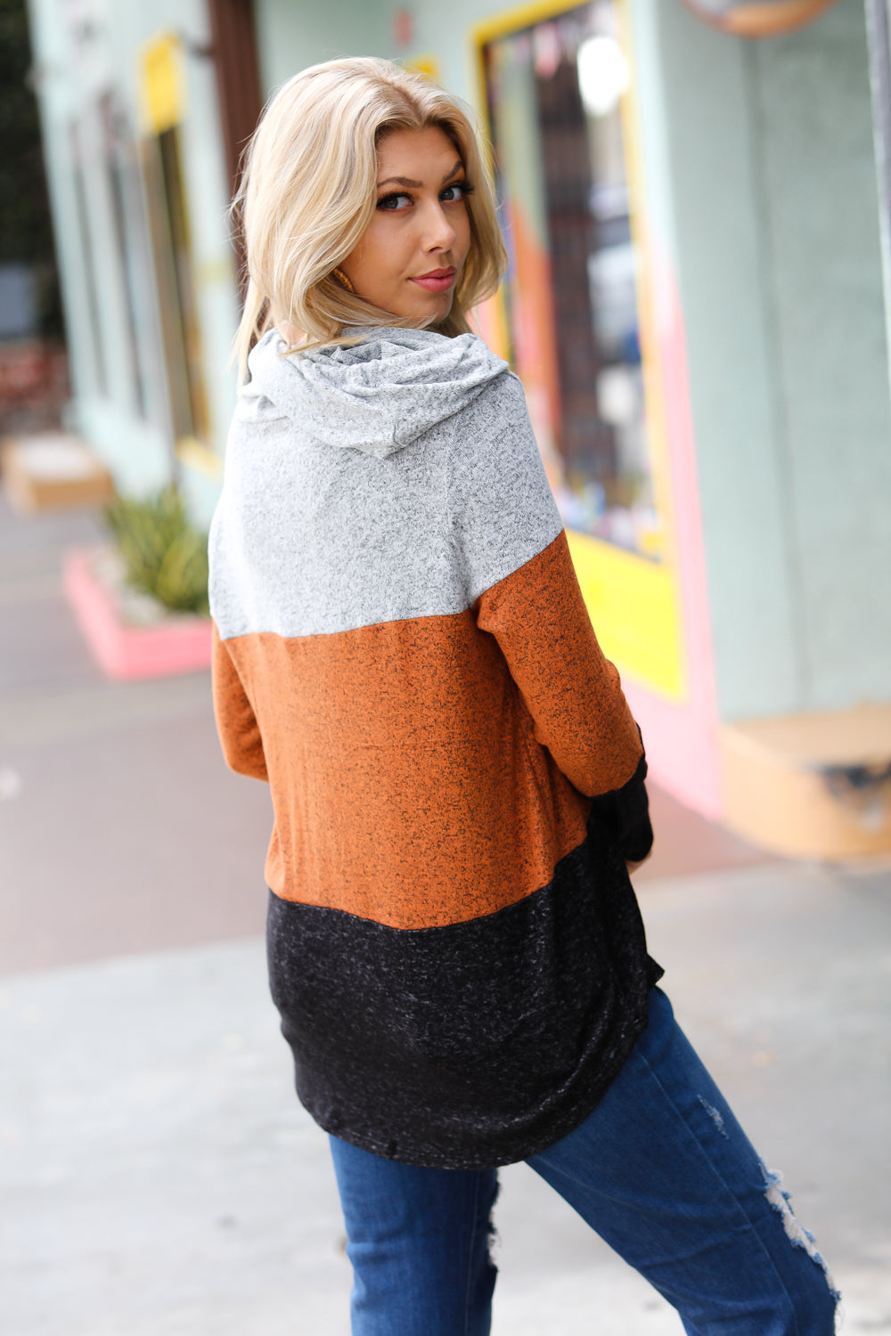Heather Grey & Rust Color Block Hoodie Top - Stylish Women's Pullover Sweatshirt for Casual Wear, Gym, and Outdoor Activities