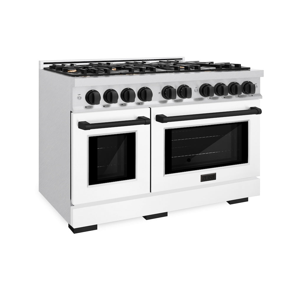 ZLINE Autograph Edition 48-Inch 6.7 cu. ft. Double Oven Gas Range with 8-Burner Cooktop - Satin Stainless Steel, White Matte Doors & Black Accents (HGRSZ WM 48 MB) | Professional Kitchen Appliance for Home Chefs & Cooking Enthusiasts