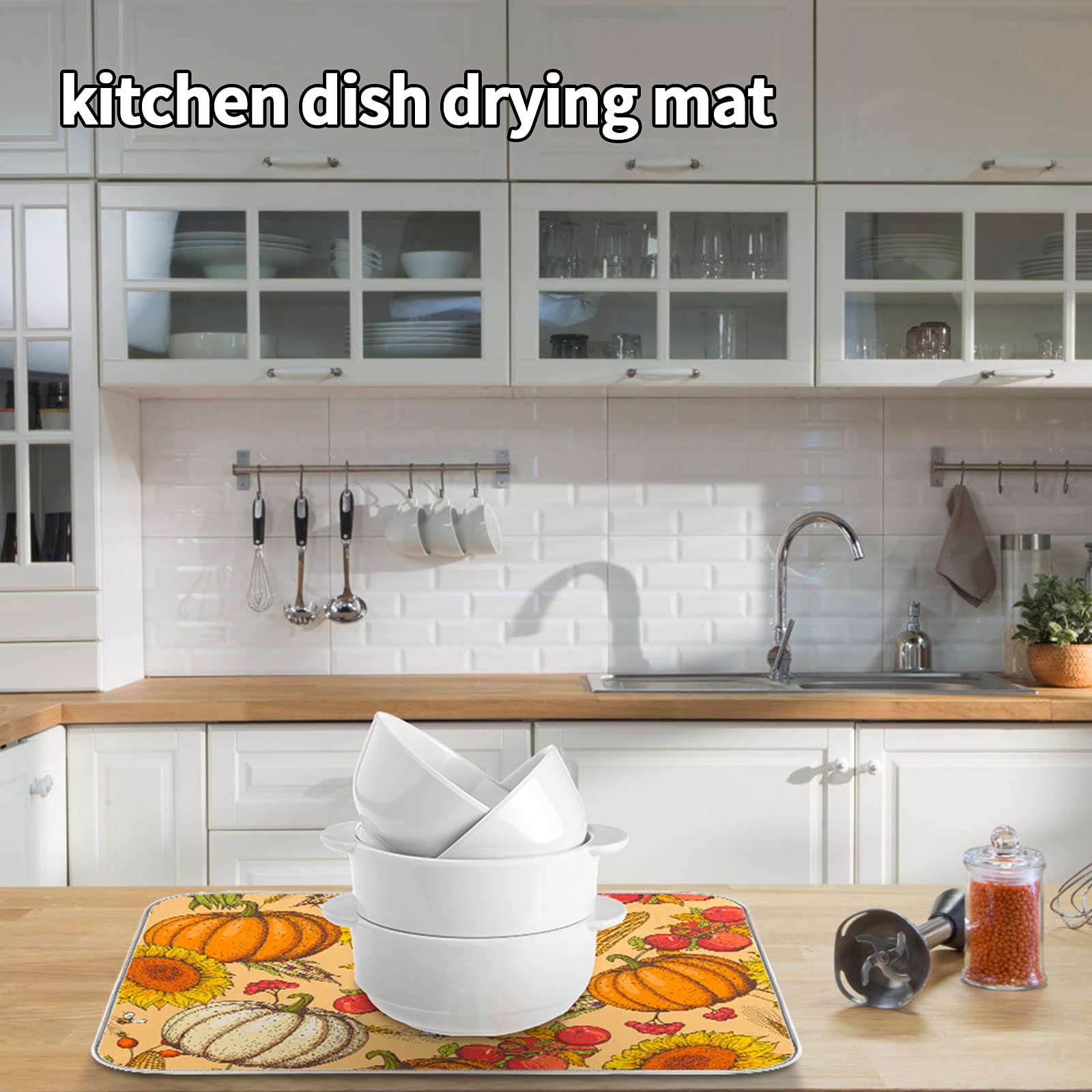 Pumpkin Dish Drying Mat 18x24 Inch - Absorbent Kitchen Counter Mat for Dishes & Utensils