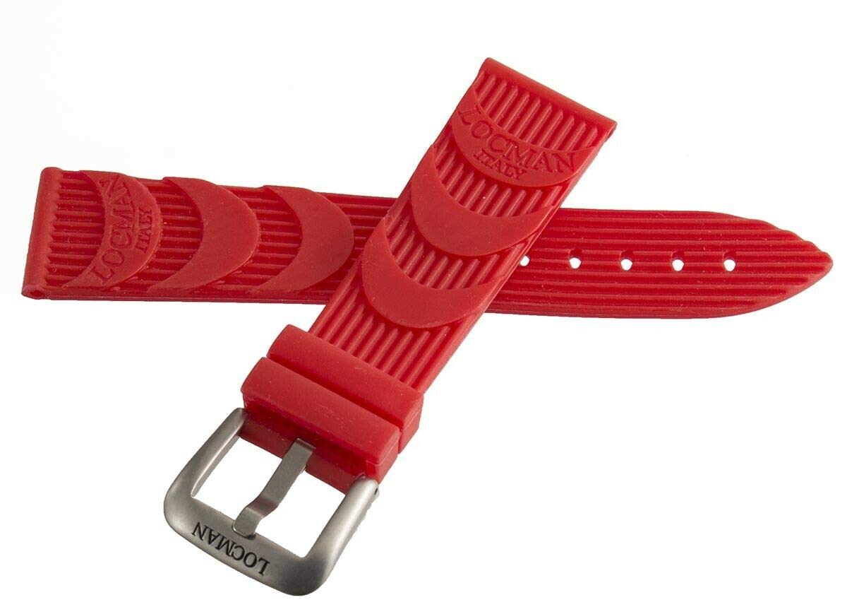 Locman 24mm Red Rubber Watch Band for Men - Silver Buckle for Sports & Outdoor