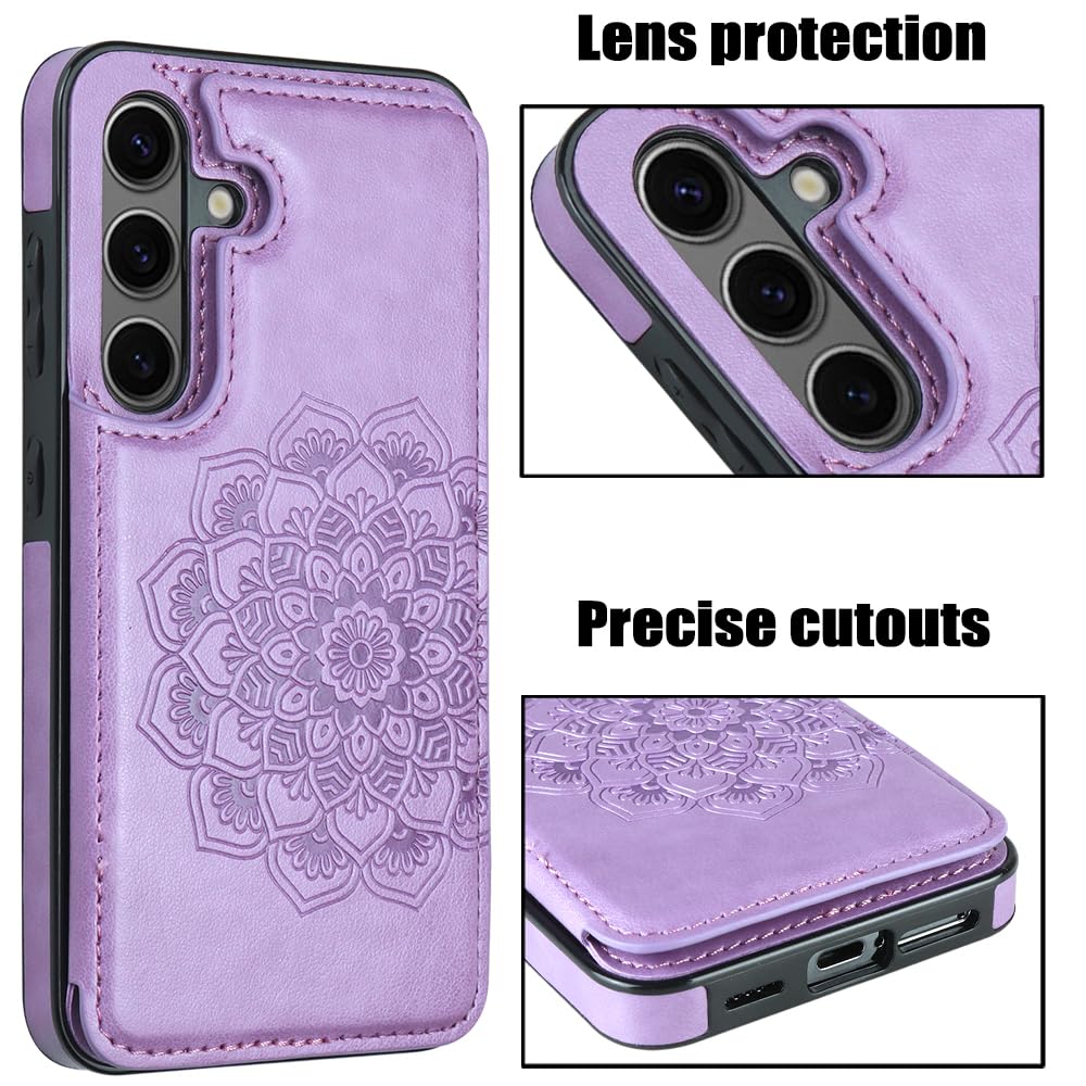 Samsung Galaxy S24 Case with Card Holder & Magnetic Flip Cover - Flower Design Wallet Phone Case for Women | Protective 5G Compatible (2024, Purple) | Perfect for Everyday Use, Travel & Hands-Free Convenience