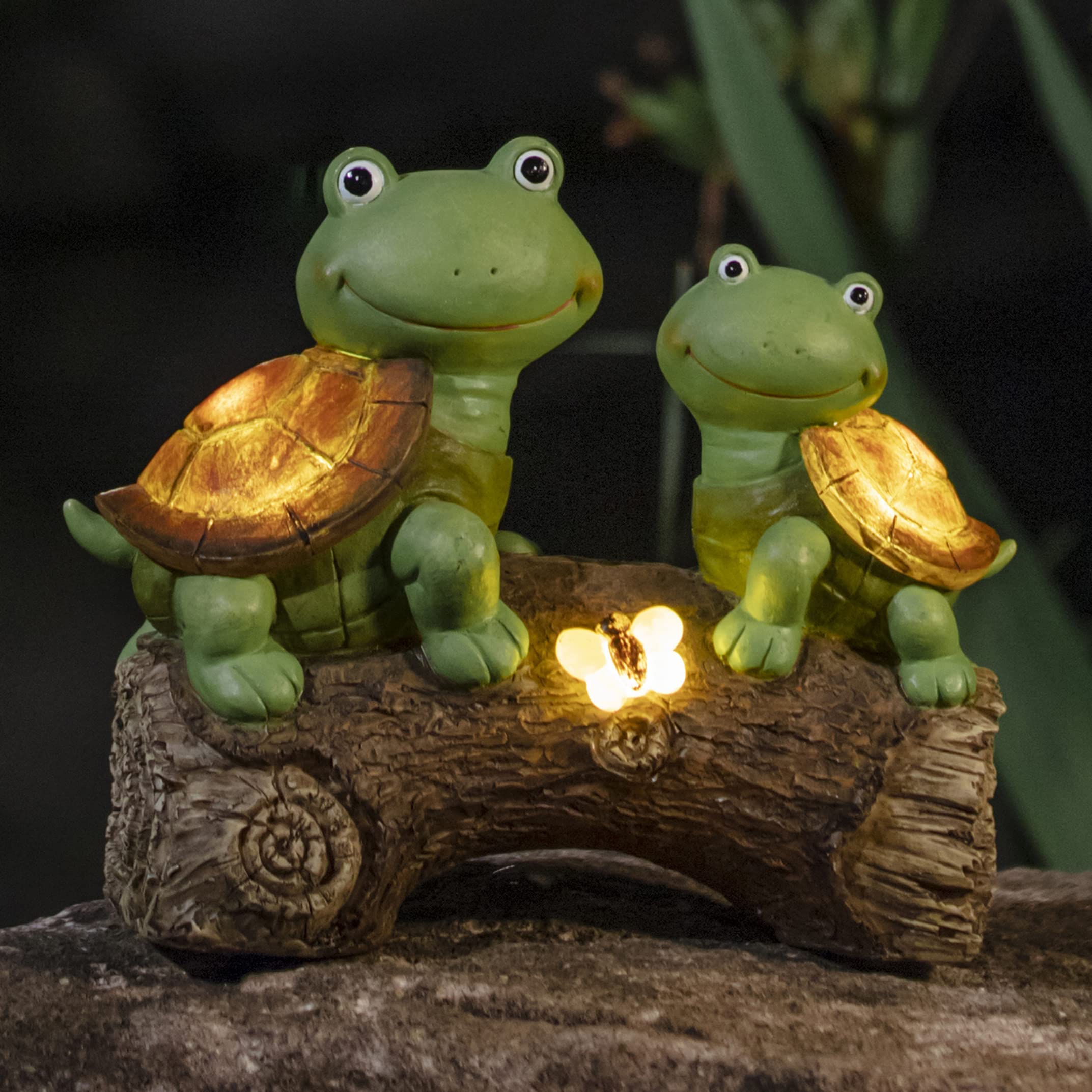 LA JOLIE MUSE 10 Inch Solar-Powered Garden Turtle Statue - Cute Frog-Faced Resin Turtle Figurine with LED Lights | Outdoor Lawn Decor, Fall Gnome Yard Ornaments & Thoughtful Gardening Gifts for Mom | Perfect for Patio, Backyard Decor & Mother's Day Presents