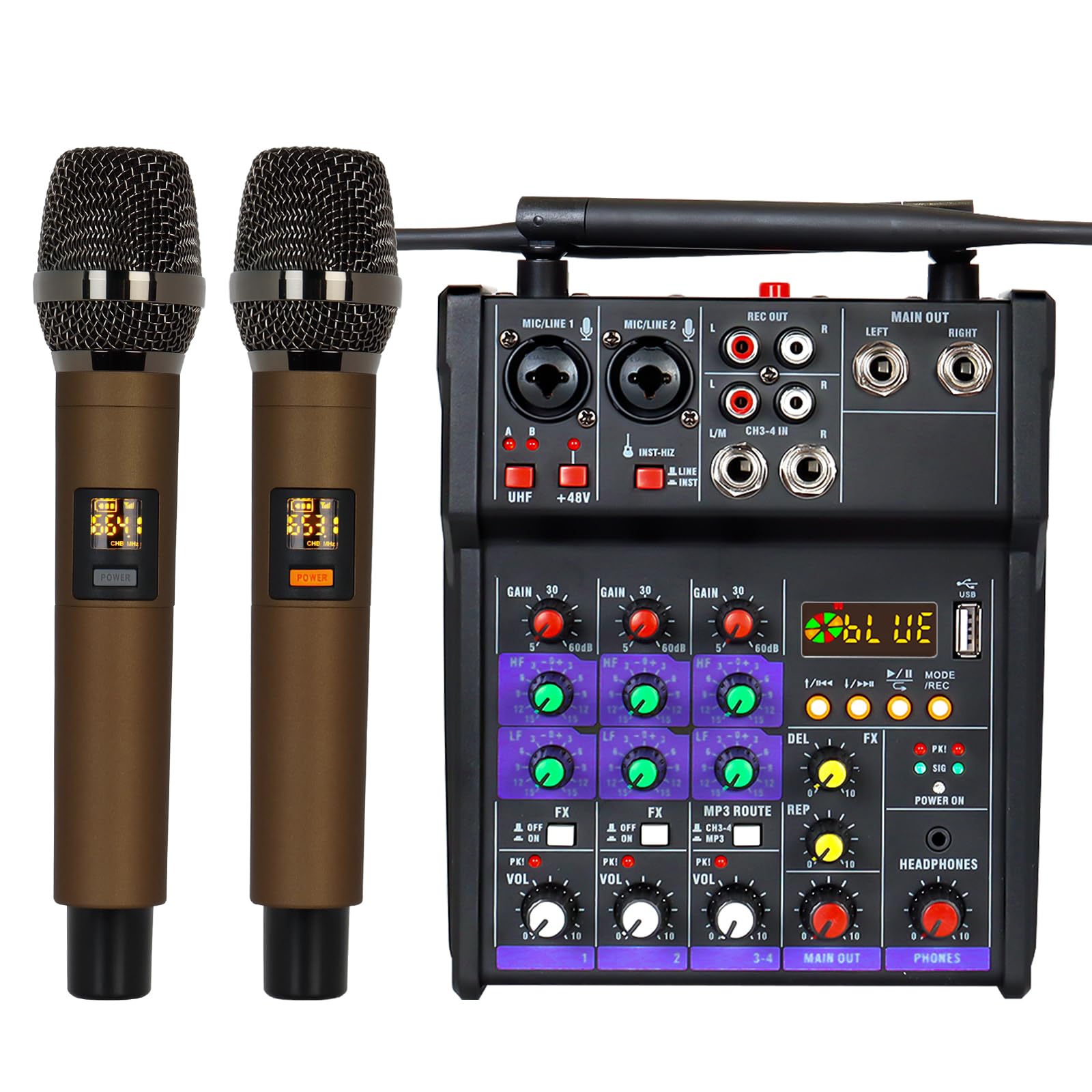 4 Channel DJ Audio Mixer with Bluetooth, USB & 48V Phantom Power - Dual Wireless Microphone Sound Board for Home Karaoke, Studio Recording & Live Performances | Perfect for DJs, Musicians & Podcasters