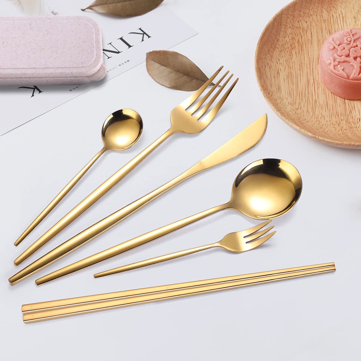 AARAINBOW 8-Piece Stainless Steel Travel Cutlery Set with Chopsticks & Cleaning Brush - Dishwasher Safe for Camping & Picnics (Golden)
