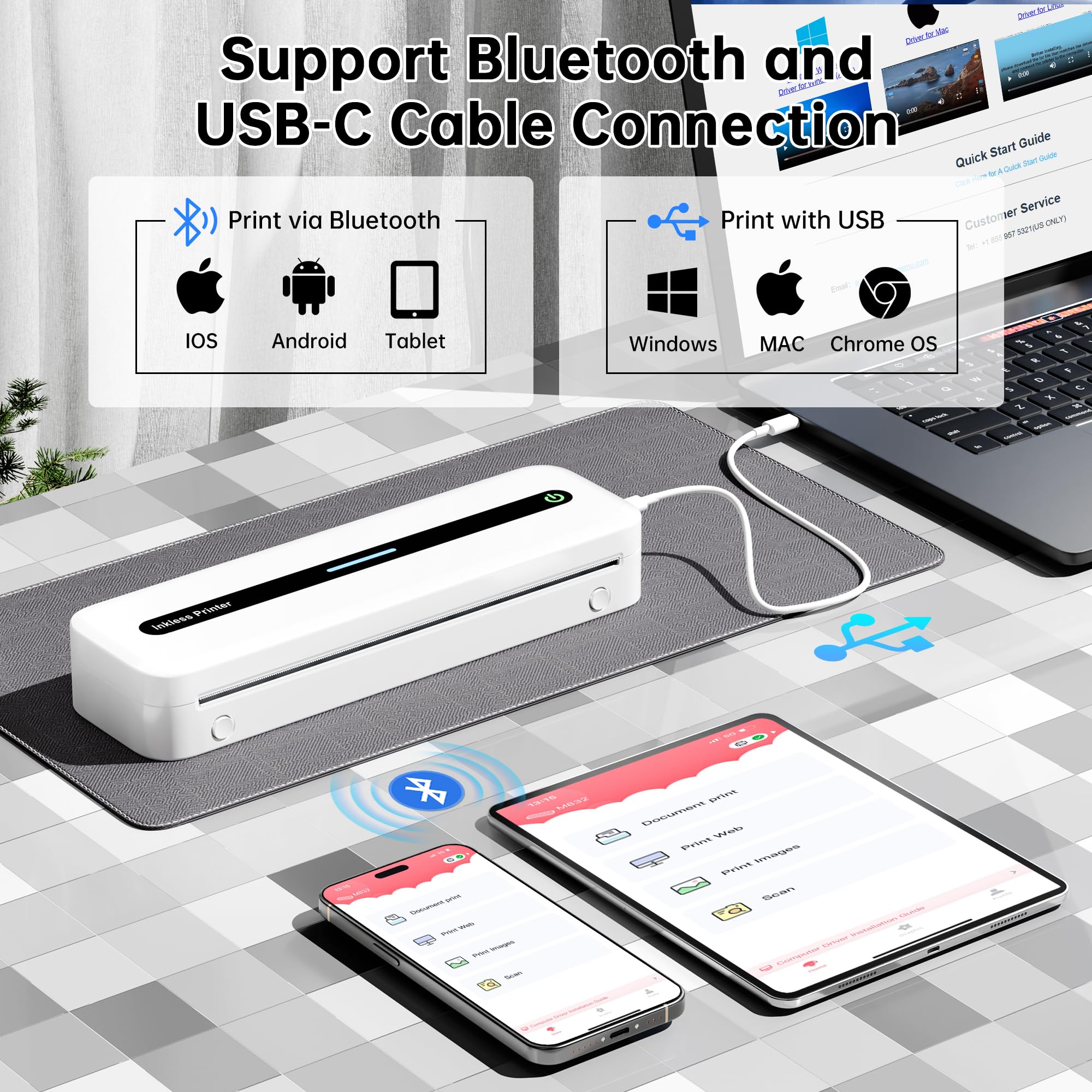 Portable Wireless Bluetooth Thermal Printer - 300DPI High Resolution, Multi-Size Paper Support, Compatible with iOS Android PC - Inkless Mobile Printer for Travel, Office, School, Home & Business Use (White)